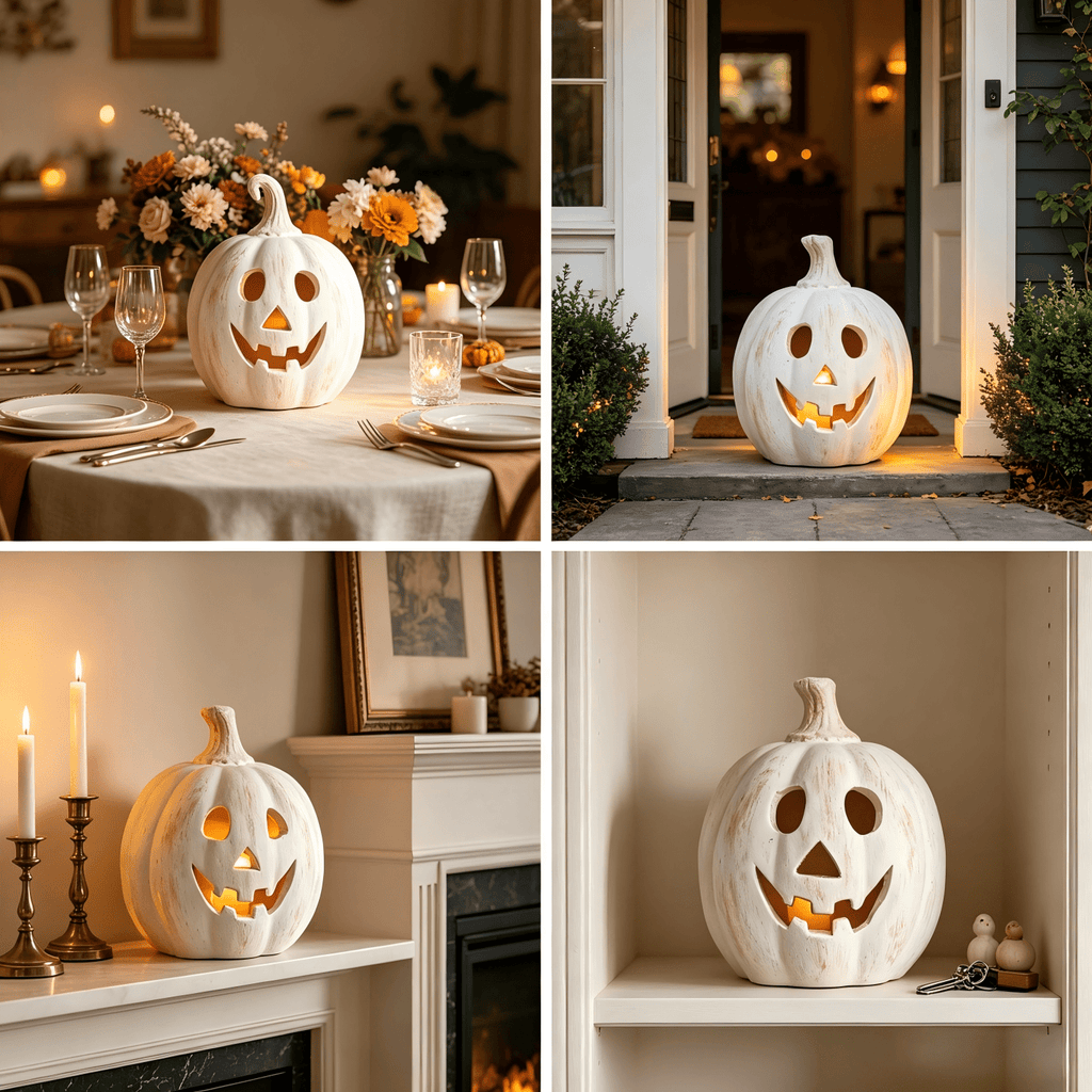 Fall Decor - Halloween Decorations - 5.9"H White Handmade Resin Pumpkin Jack O' Lantern with Flameless Candle - Outdoor Indoor Autumn Decoration for Table Centerpieces Porch Room Front Door