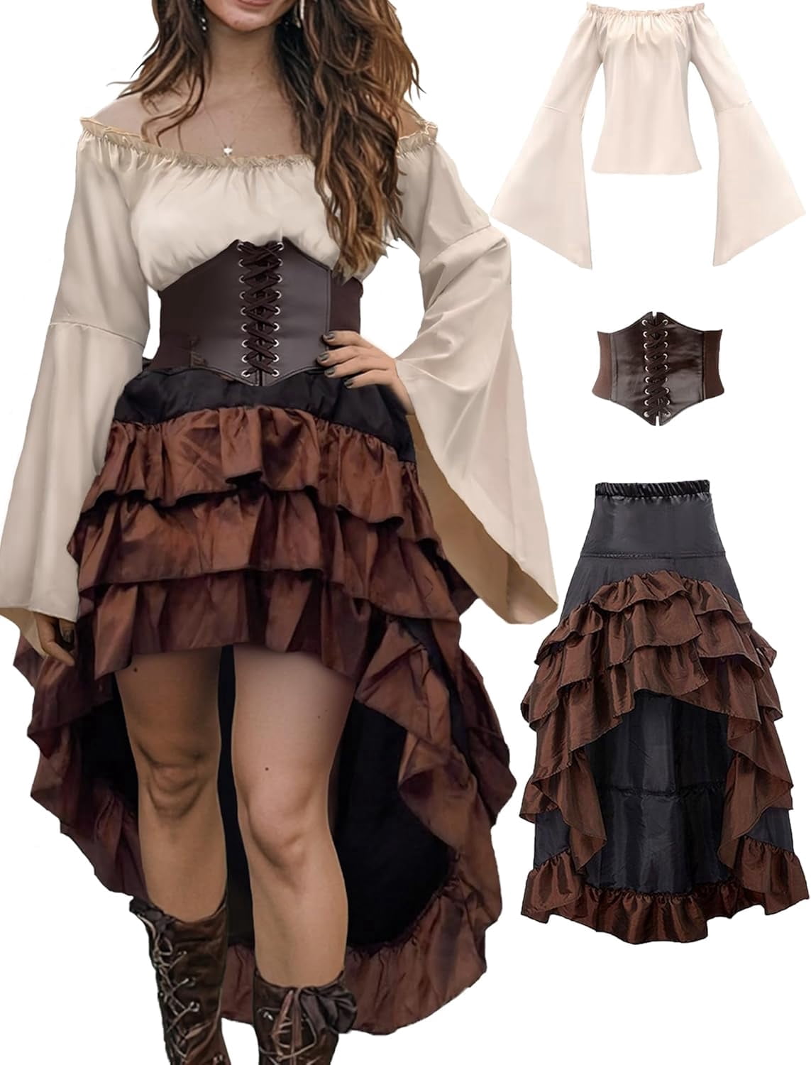 2026 Halloween Pirate Costume Women, Fancy Dress Cosplay Costumes Set with Renaissance Pirate Shirt Skirt Corset Waist Belt