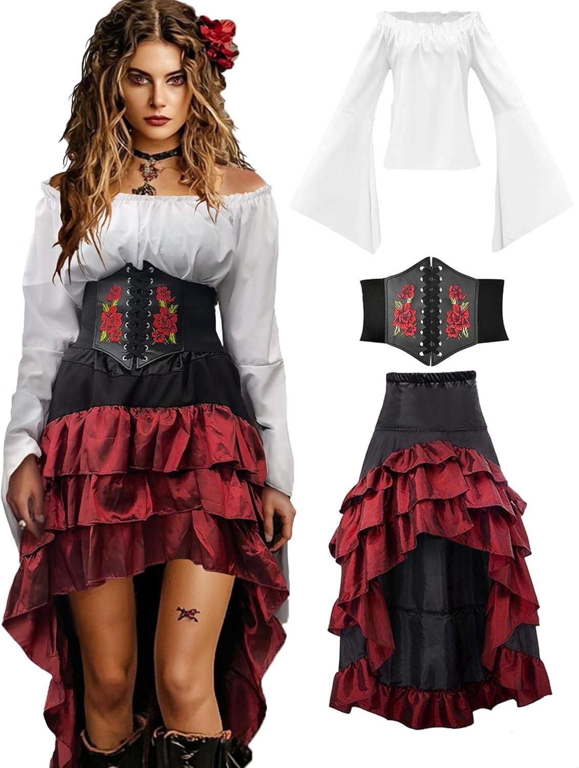 2026 Halloween Pirate Costume Women, Fancy Dress Cosplay Costumes Set with Renaissance Pirate Shirt Skirt Corset Waist Belt