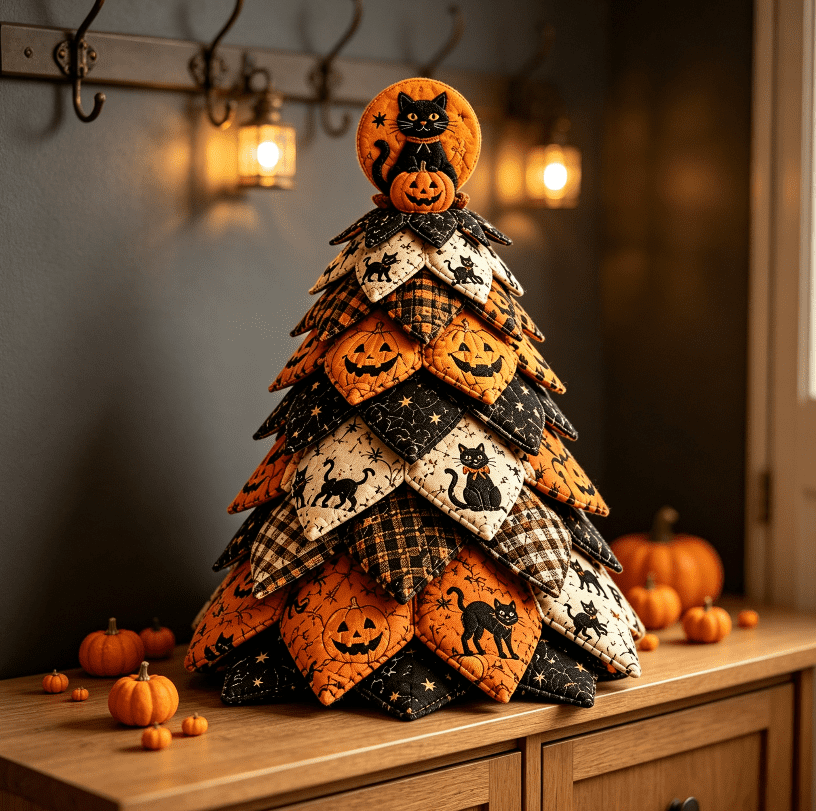 2026 Moonlit Black Cat DIY Halloween Quilted Fabric Tree Kit - Patchwork Fabric Halloween Tabletop Tree, Autumn Mantel Ornament for Adult Rustic Farmhouse Seasonal Display