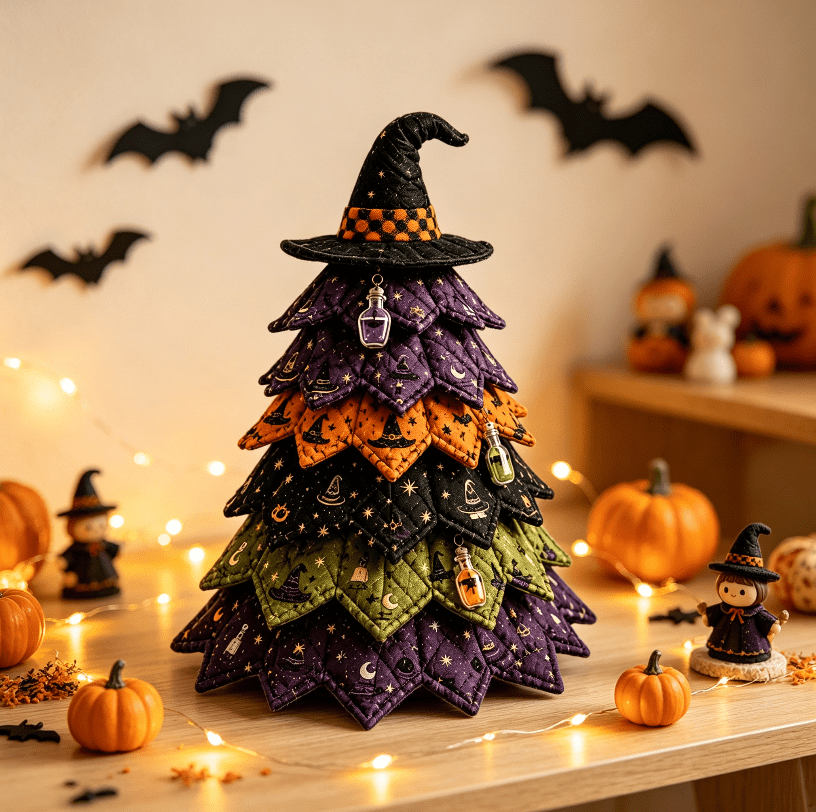 2026 Moonlit Black Cat DIY Halloween Quilted Fabric Tree Kit - Patchwork Fabric Halloween Tabletop Tree, Autumn Mantel Ornament for Adult Rustic Farmhouse Seasonal Display