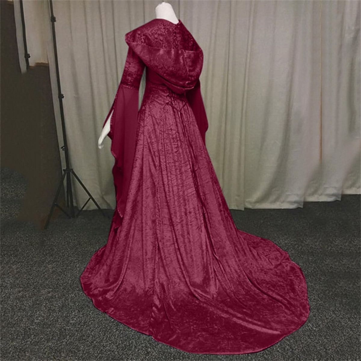 Women Gothic Cold Shoulder Midi Dress, Sheer Flare Bell Sleeve Front Corset Irregular Witch Costume Dress, Adult Halloween Dark Aesthetic Vintage Formal Evening Cosplay Party Outfit(Navy-2/M)