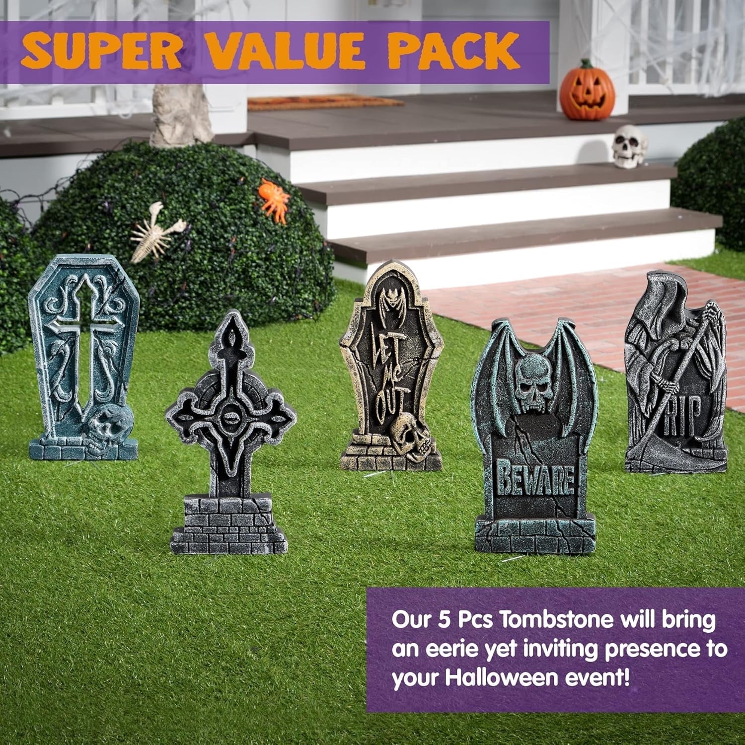 Joyfy 17" Halloween 5 Pack Tombstone Decorations, Foam RIP Graveyard Signs Cemetery Headstones Scary Outdoor Indoor Halloween Decor with 12 Metal Stakes for Easy Set Up, Waterproof for Garden Lawn