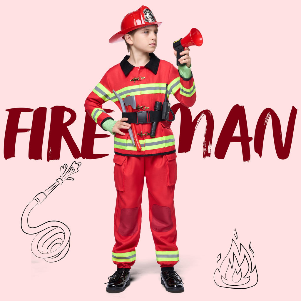 Joyfy Halloween Kids Fireman Costume, Firefighter Costume for Boys Toddler Halloween Party Dress Up 3-7 Years