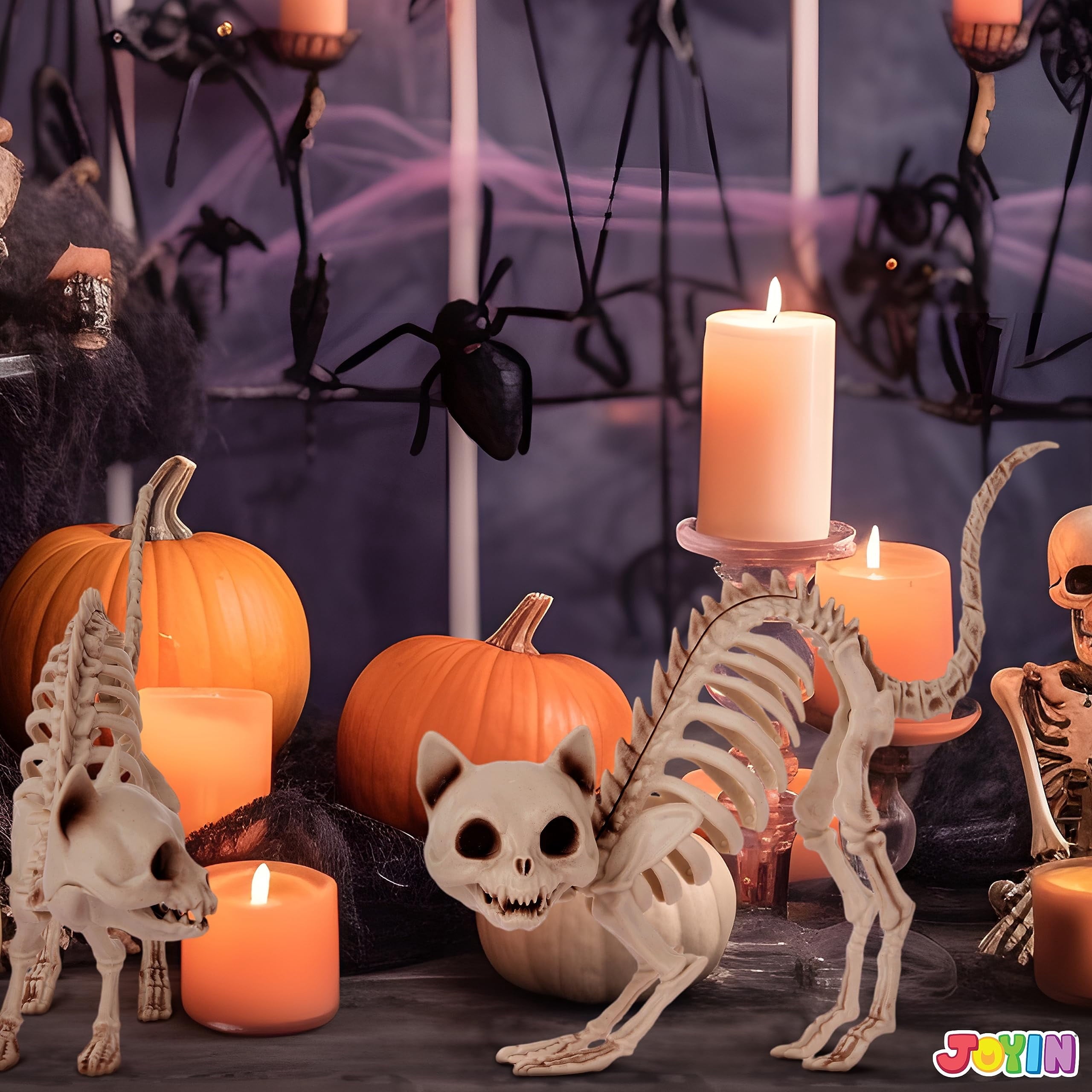 Joyfy 2 Pcs Cat Skeleton Halloween Decoration,7 Inch Posable Plastic Animals Halloween Skeleton for Indoor Outdoor Halloween Decorations,Haunted House Party Props