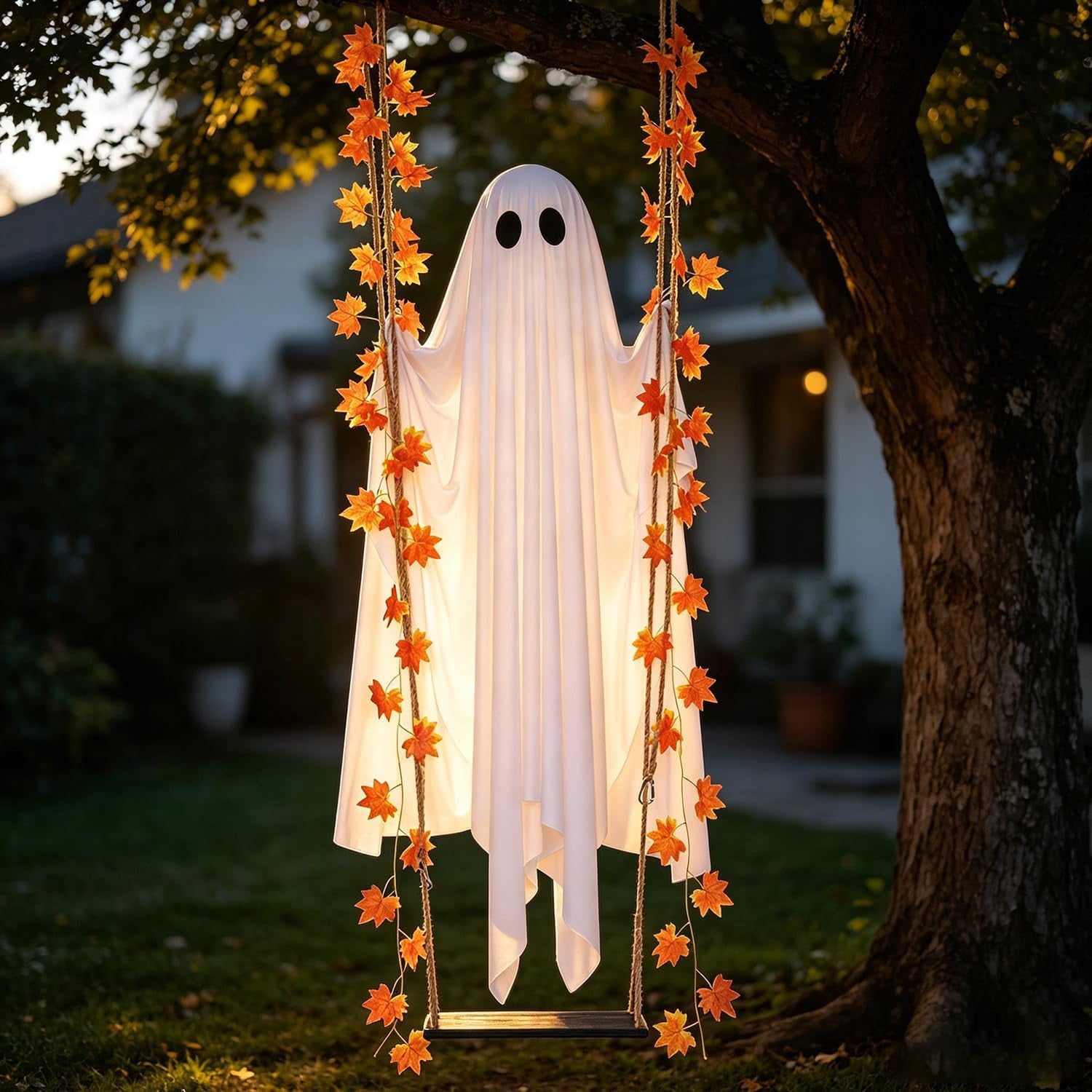 Hanging Swinging Ghost Halloween Decor - Outdoor Halloween Decorations with Ghost on A Swing for Outside Garden Yard Porch Tree, 4.4 FT Large Spooky Cute Ghosts with String Lights for Indoor Party