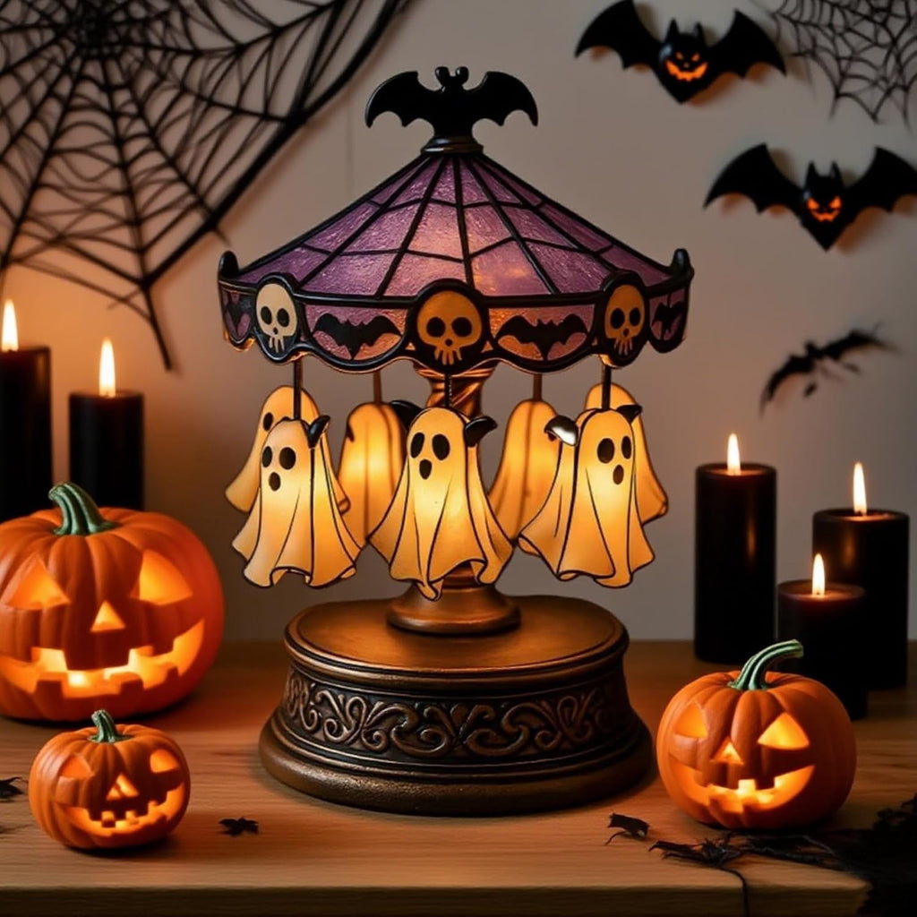 HaCpiu Halloween Ghost Carousel Night Light, Halloween Rotating Desktop Sculpture with LED Glow, Spooky Animated Tabletop Decoration for Indoor Holiday Accent