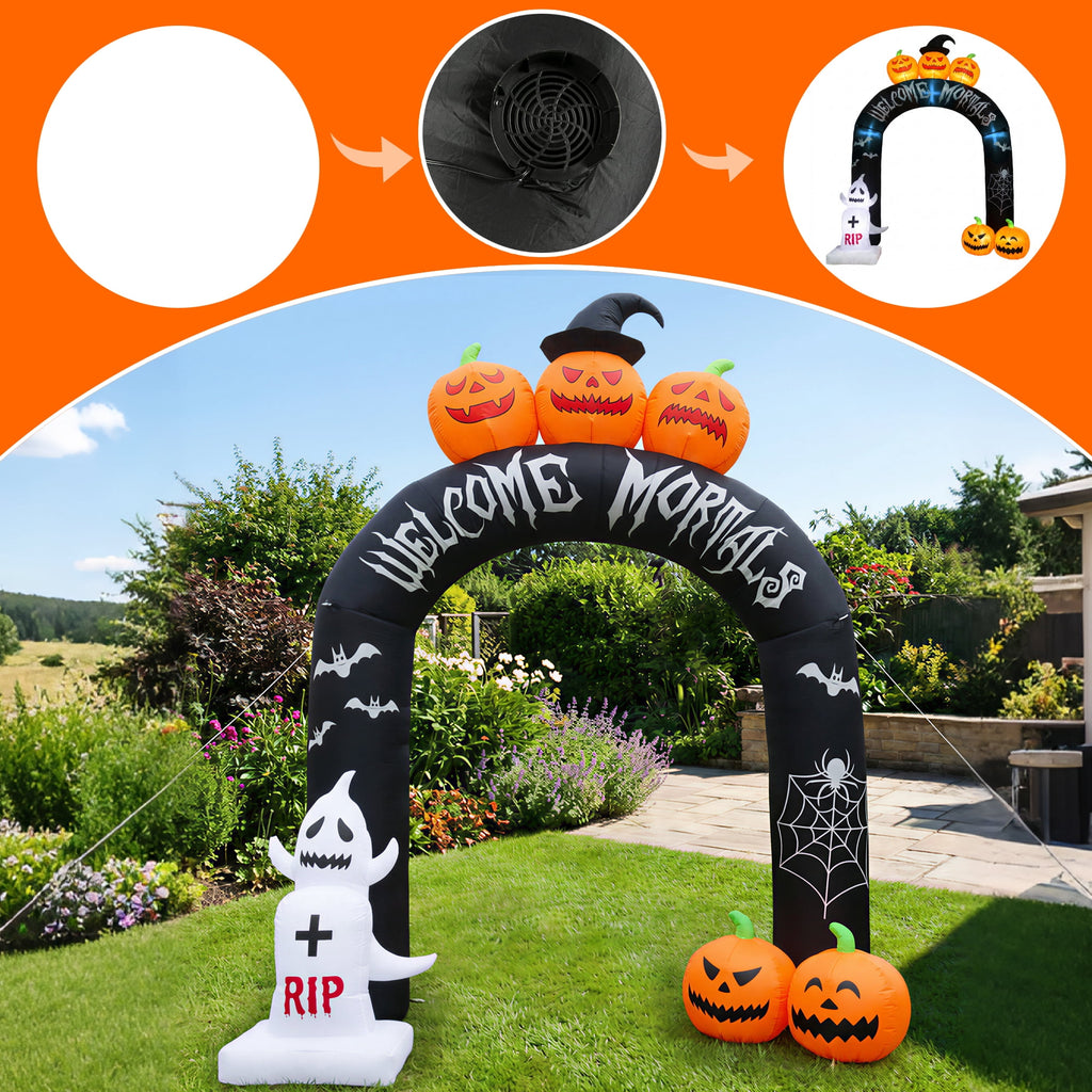 MAGOTAN 9 FT Halloween Inflatables Archway Outdoor Decorations Pumpkin Ghost Archway Halloween Inflatable Blow Up Pumpkin Tombstone Decoration Build-in LED Lights