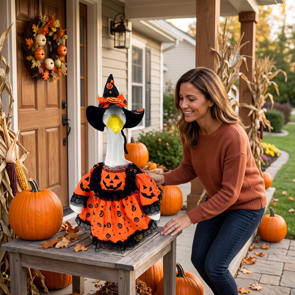 Thanksgiving Harvest Outfit for 23" Porch Goose, Goose Fall Theme Dress in White&Orange with Headwear Fall Harvest Decor for 23" Goose Outdoor Patio Yard Lawn Decoration