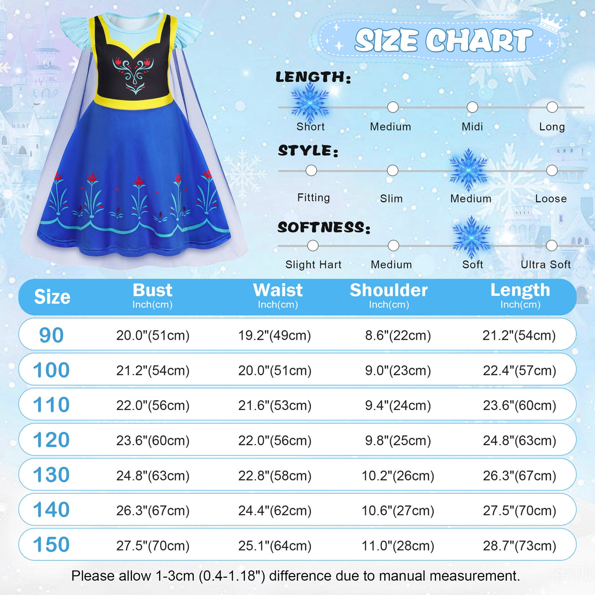 Benylion Girls Ice Princess Dress Halloween Cosplay Costumes With Tulle Cape Kids Birthday Party Dress up Outfit for 7-8 Years