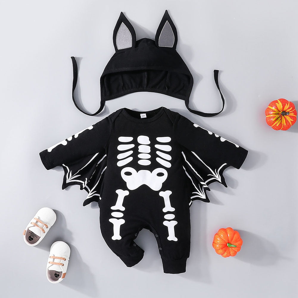 WIBACKER My First Halloween Costume Newborn Infant Baby Girl Boys' Skeleton Print Jumpsuit Onesies Hat Set
