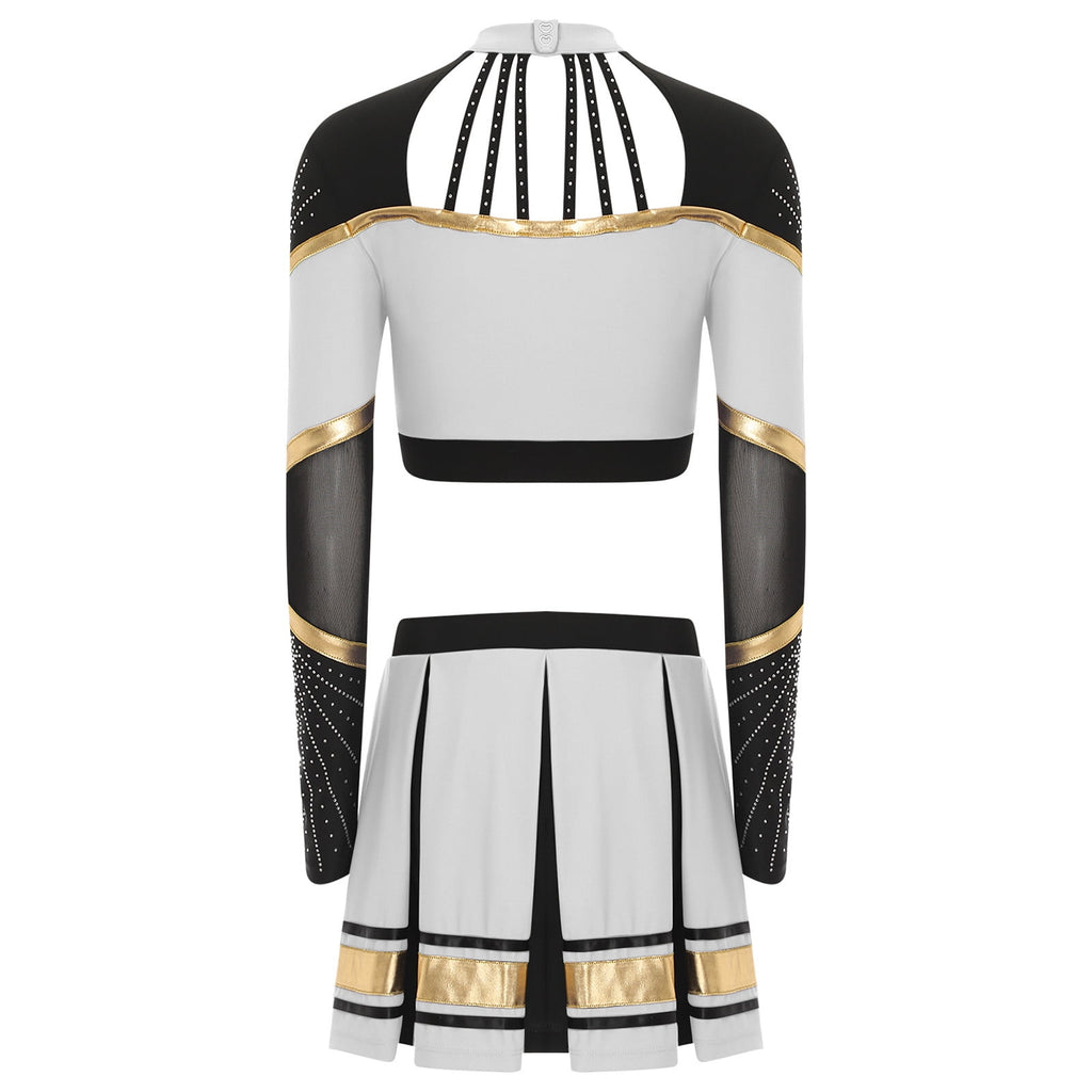 TiaoBug Women Cheer Leader Uniform Dance Cheerleading Costume Long Sleeve Crop Top with Mini Skirt White S