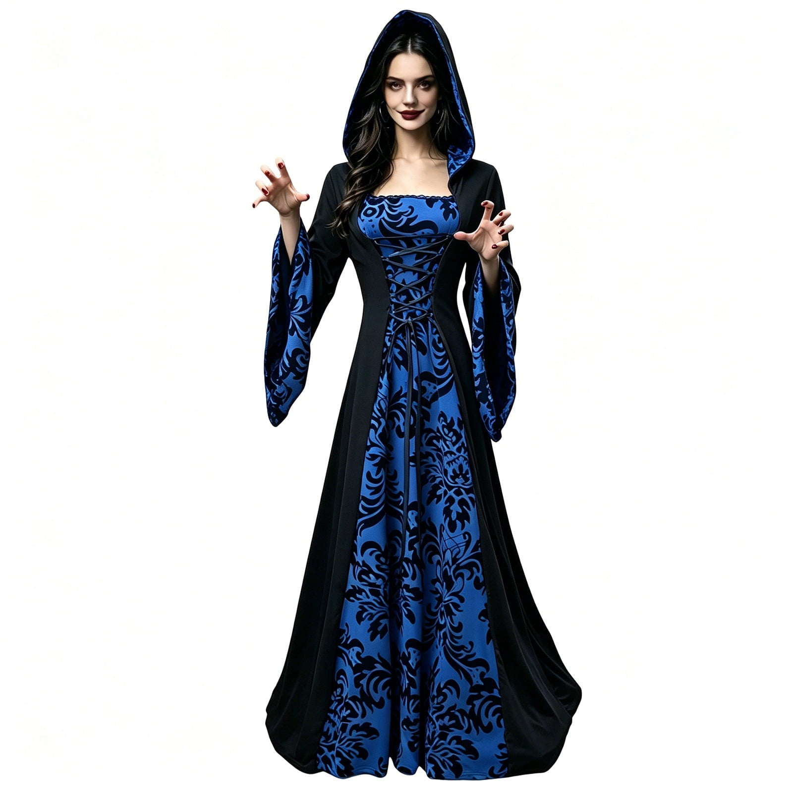 ZGRBOU Womens Vampire Witch Dress Halloween Cosplay Costumes Masquerade Hooded Gown Dress Medieval Gothic Dress Plus Size