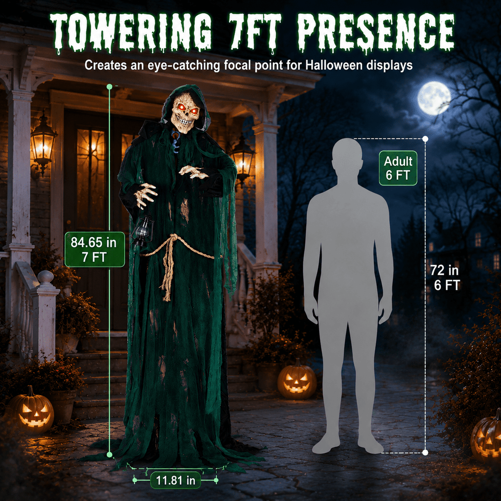 Romswi Halloween Decorations 7ft Standing Grim Reaper Animated with Light Up Eyes and Sound-Activated for Spooky Yard Garden Decor