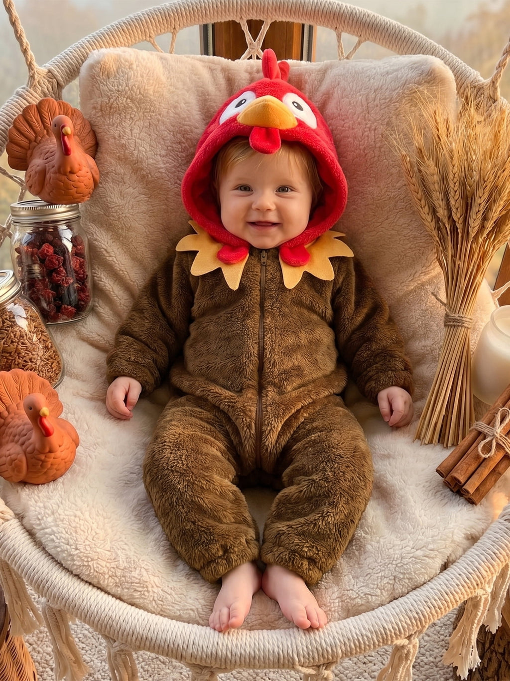 RUINIXCW Toddler Baby Boy Girl Thanksgiving Turkey Costume Newborn Baby Fall Winter Outfit Warm Fleece Hooded Jumpsuit Infant Zipper Romper Snowsuit