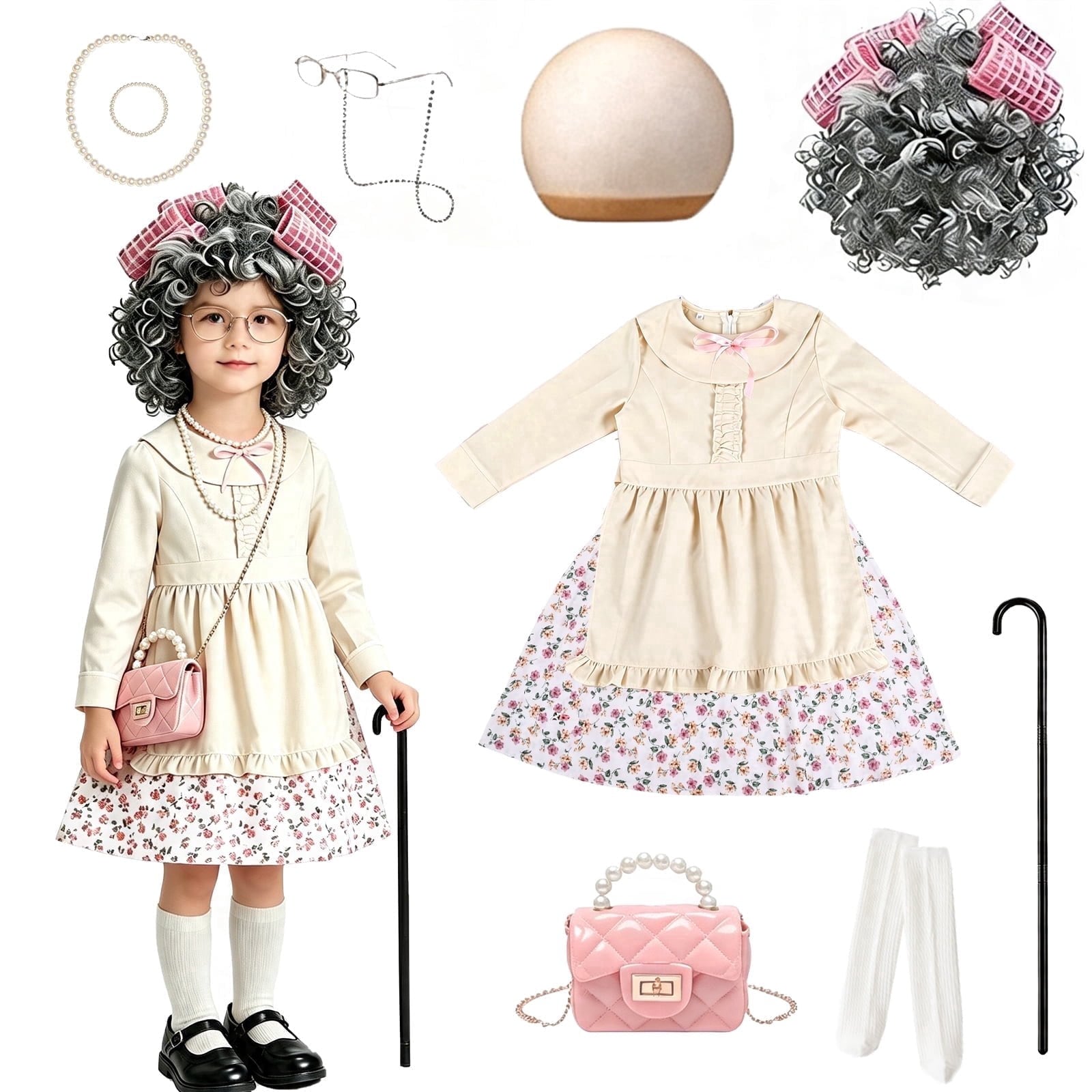 Girls Old Lady Costume 10Pcs Set - 100 Days of School Halloween Costume Grandma Dress Up Granny Outfit