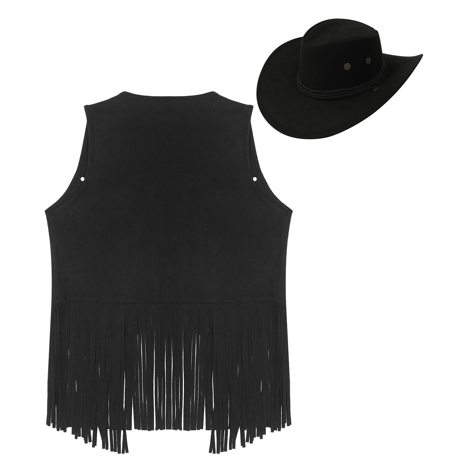 TiaoBug Men's Western Cowboy Cosplay Costume Tassel Rivets Waistcoat with Wide Brim Hats Sets Black L