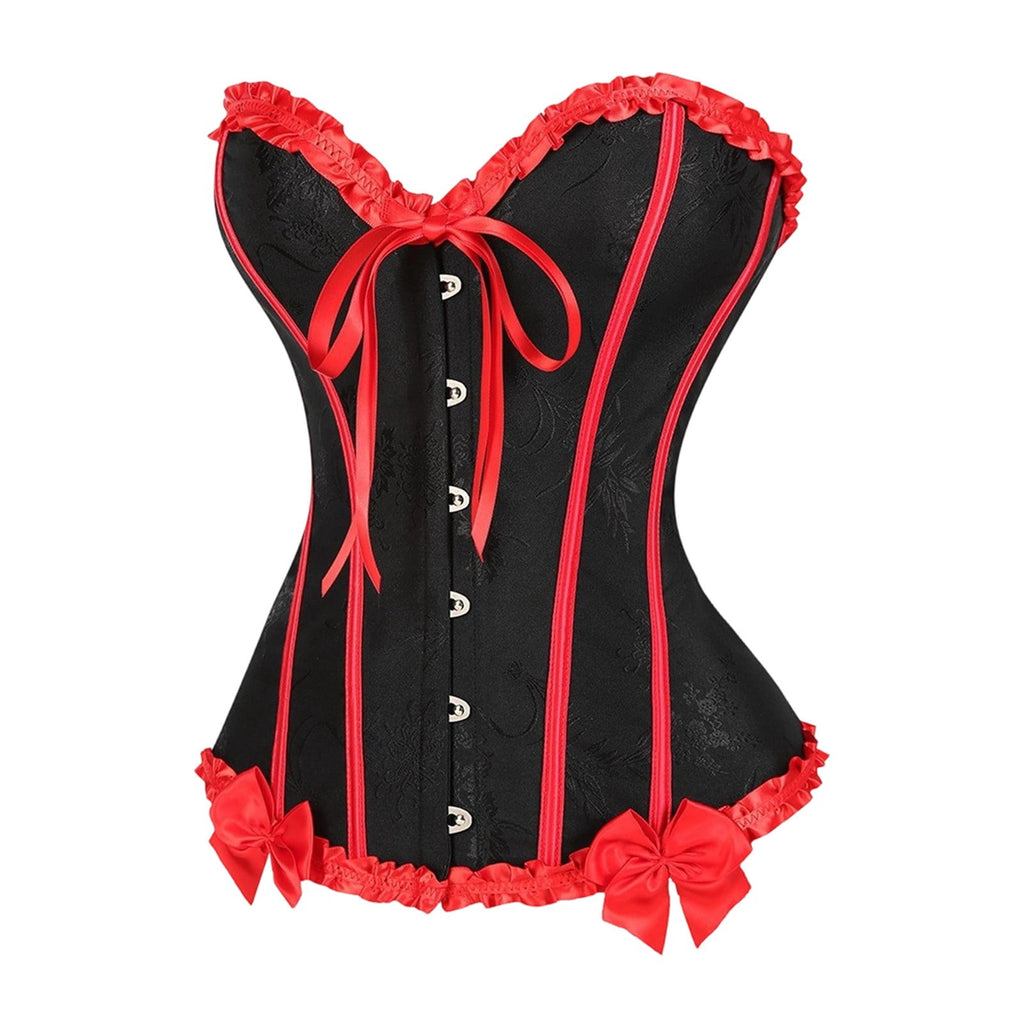 JOANKDMI Women's Chic Gothic Steampunk Corset Top with Ribbon Tie and Ruffle Trim Elegant Bustier for Pirate Roleplay and Vampire Halloween Dress Up Outfit
