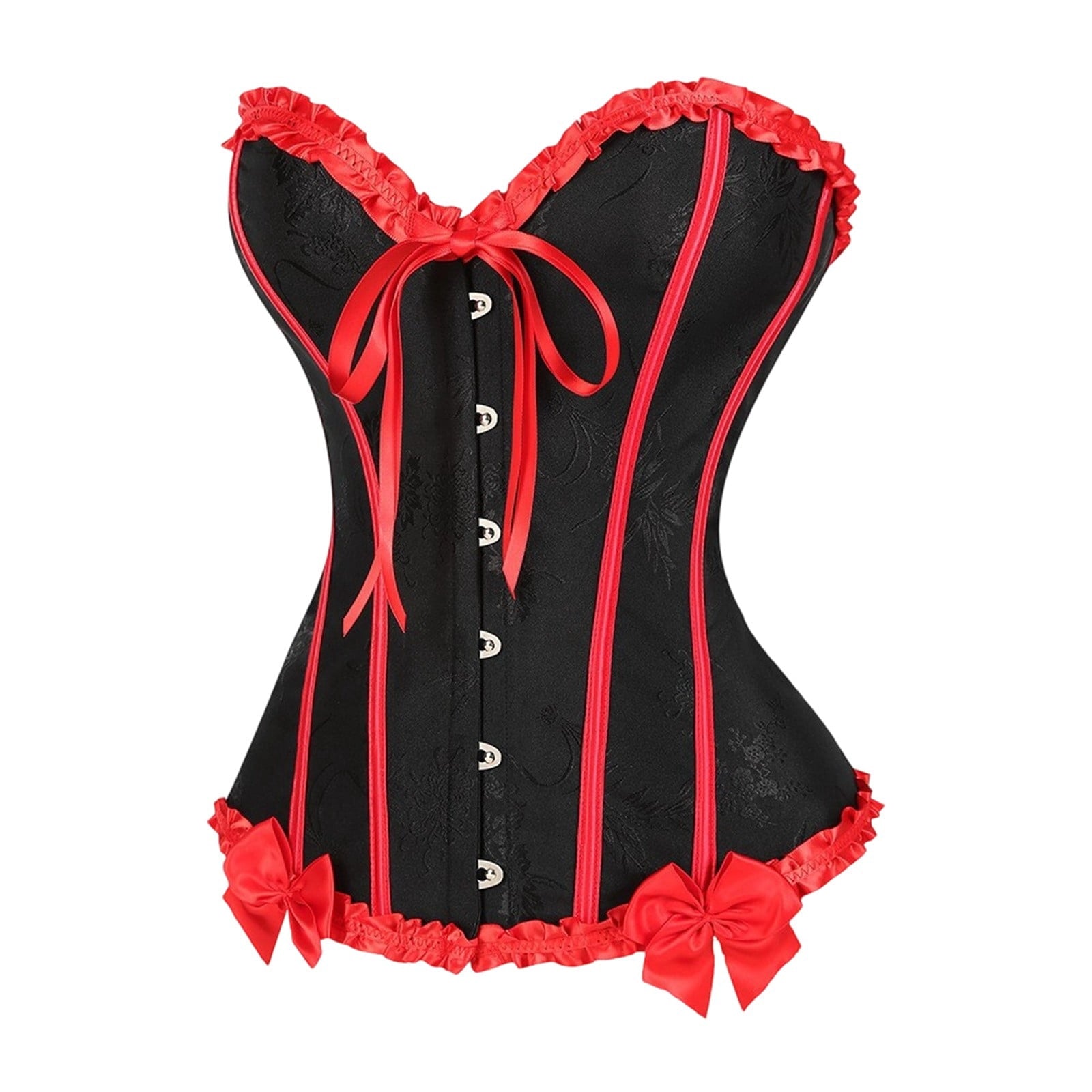 JOANKDMI Women's Chic Gothic Steampunk Corset Top with Ribbon Tie and Ruffle Trim Elegant Bustier for Pirate Roleplay and Vampire Halloween Dress Up Outfit