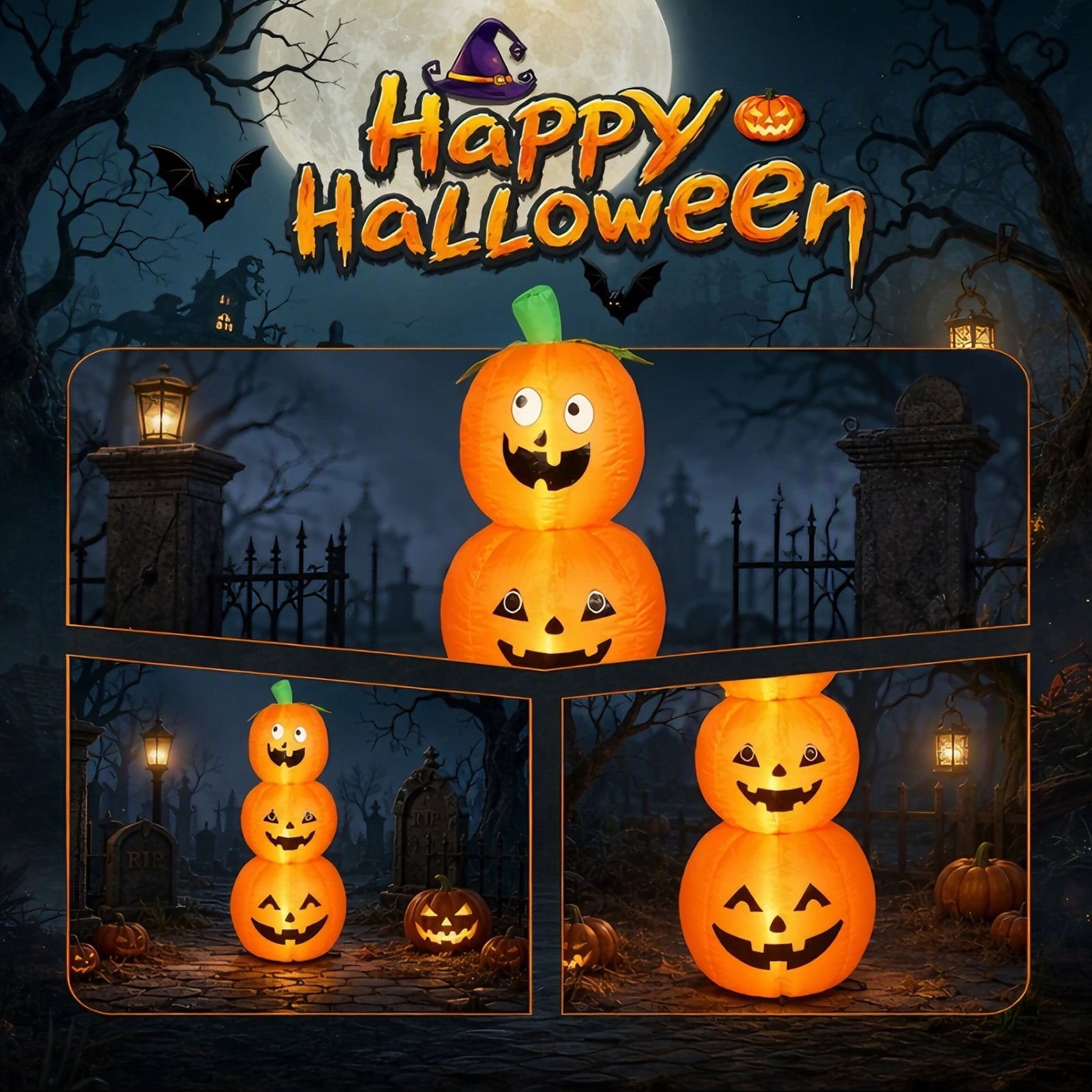 6 FT Halloween Inflatables Stacked Pumpkins Ghost with Build-in LEDs for Porch,Halloween Pumpkin Decor Blow up Yard Decorations