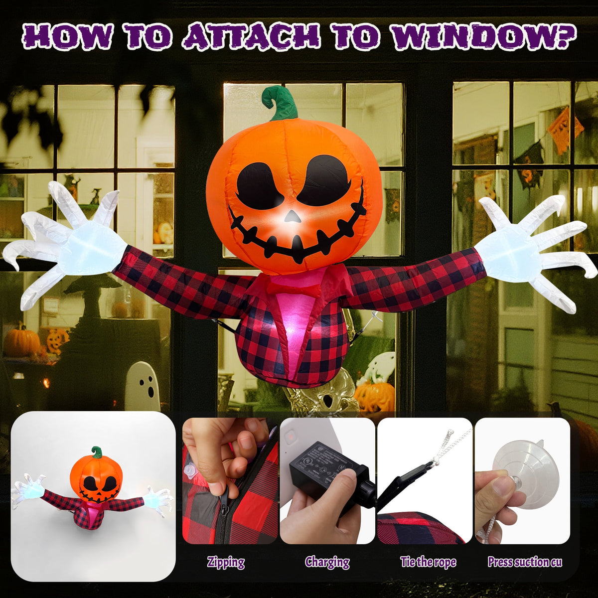 BeePrincess 5 FT Halloween Inflatable Pumpkin Ghost – Outdoor LED Blow-Up Decoration with Giant Arms, Light-Up Eyes, Waterproof Yard Decor for Lawn and Garden