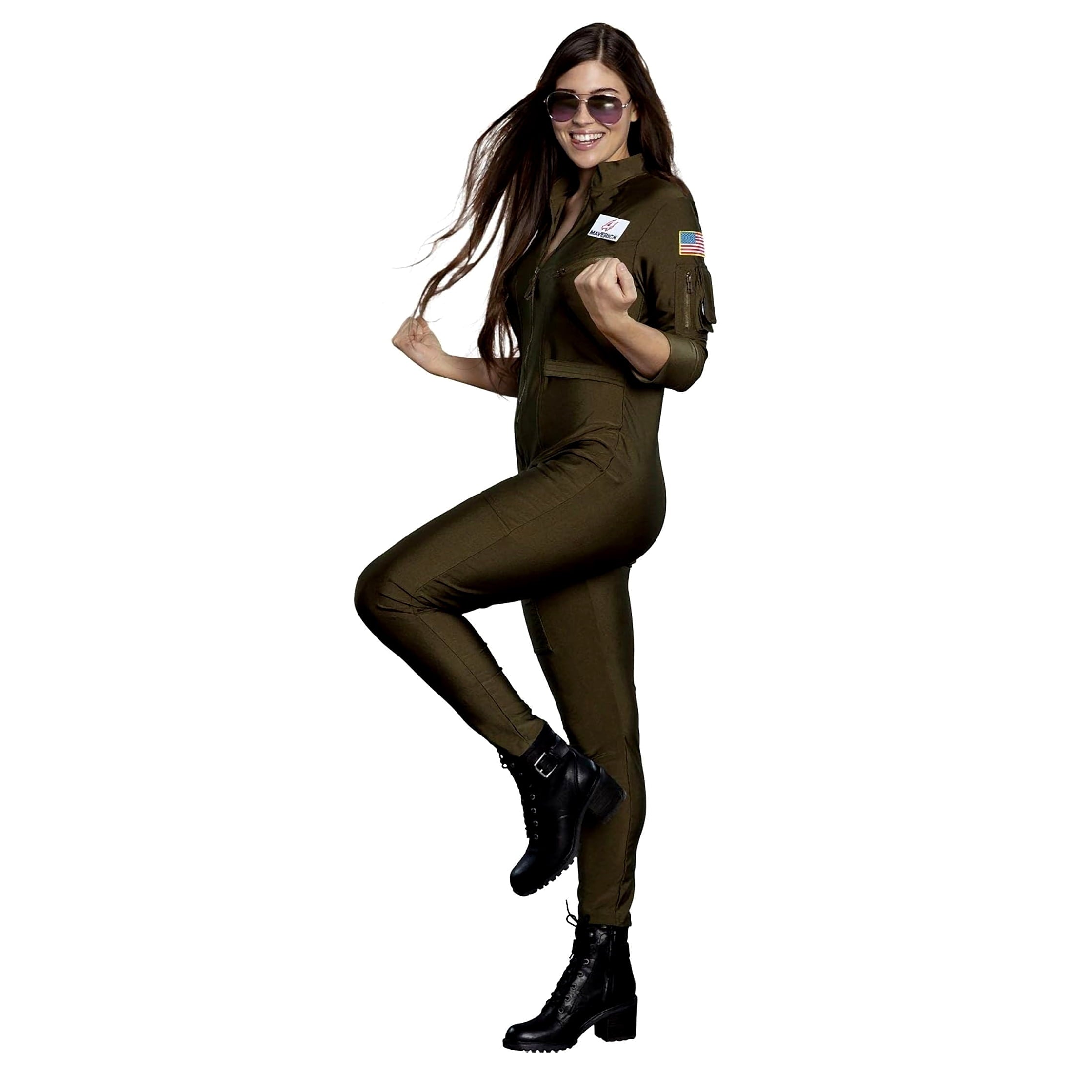 Party City Top Gun: Maverick Flight Costume for Women, Halloween, Olive Green, Medium (6-8), Catsuit with Zipper