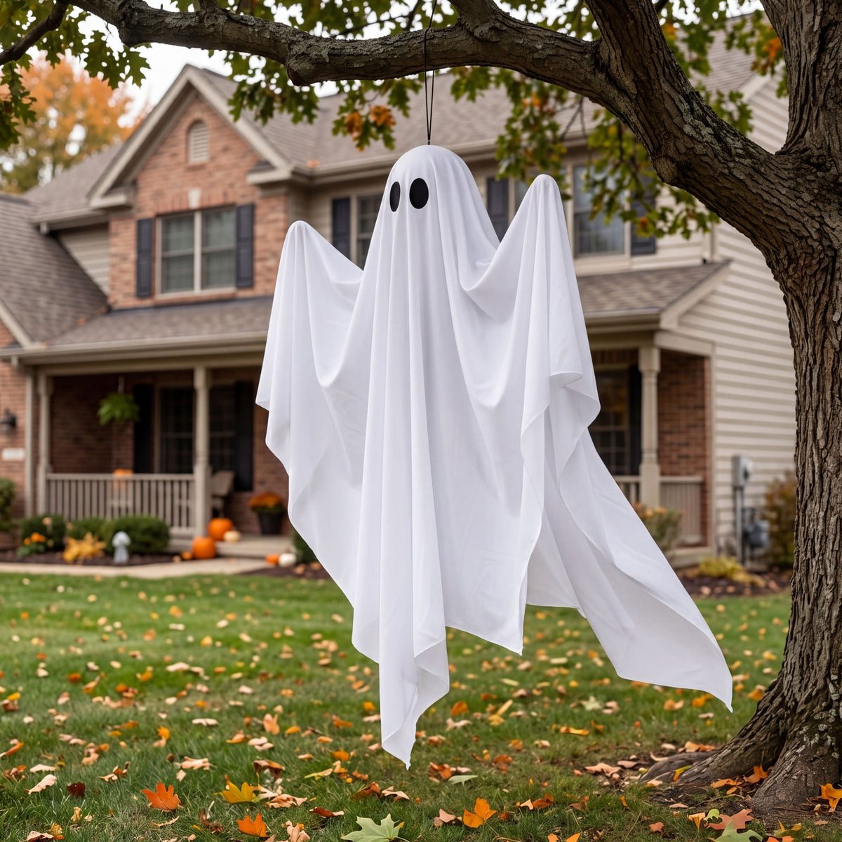 Joyfy 47inch Halloween Decorations Outdoor Hanging Ghost,Light up White Ghosts with Spooky Warm White LED Light,Halloween Outdoor Yard Porch Decorations,Haunted House Decorations