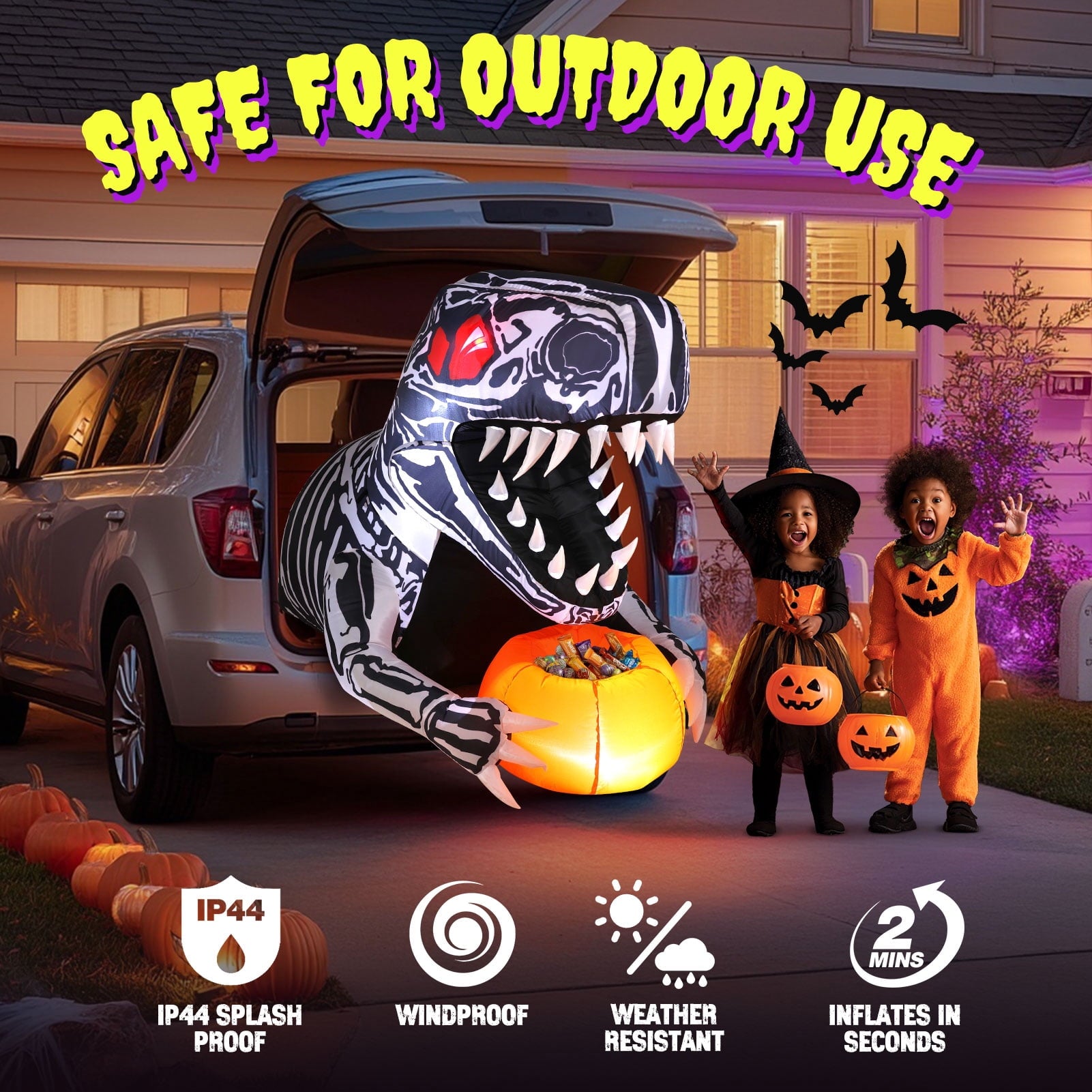 Ayieyill 3.6FT Halloween Inflatable Outdoor Decorations - Trunk or Treat Car Decorations - Halloween Blow Ups Animated Skeleton Dinosaur with LEDs for Halloween Outdoor Yard Decorations