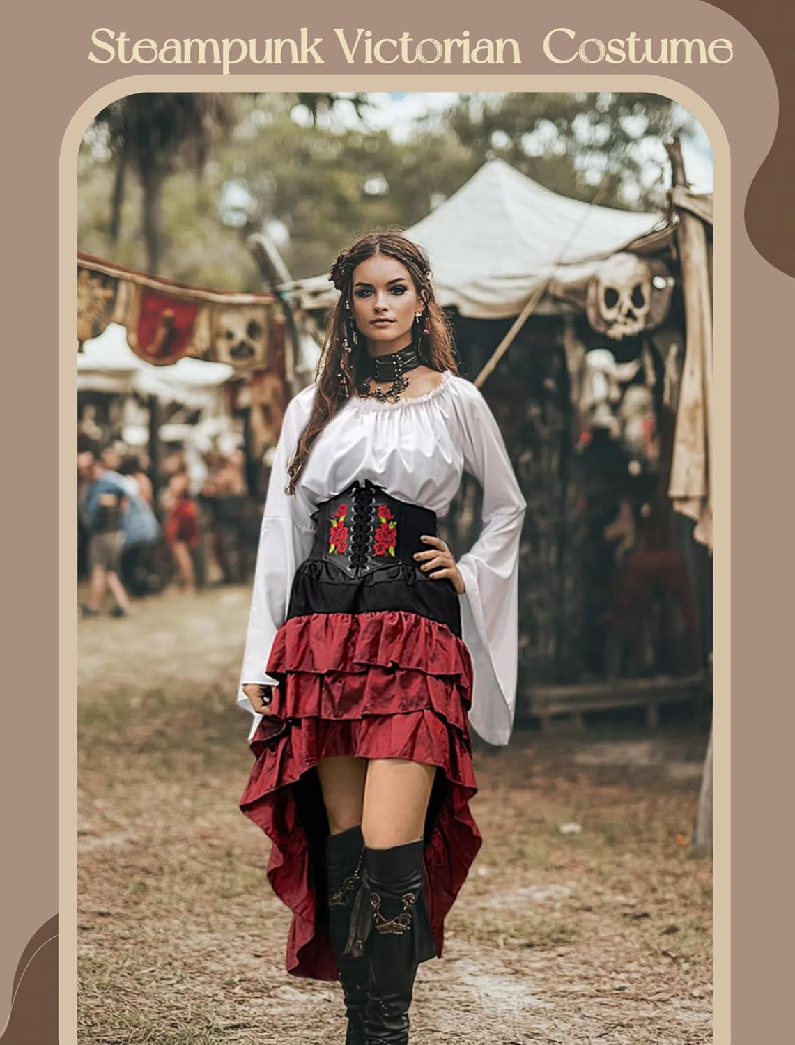 2026 Halloween Pirate Costume Women, Fancy Dress Cosplay Costumes Set with Renaissance Pirate Shirt Skirt Corset Waist Belt