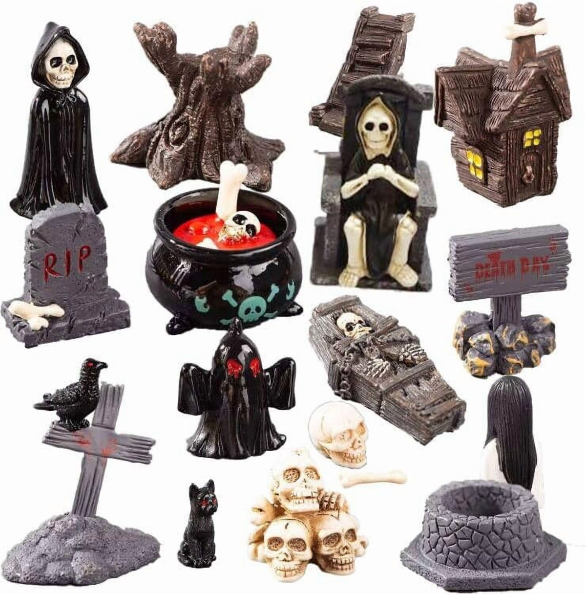 19pcs Halloween Mini Figurines, Creative Miniature Skull Heads Crow Tombstone Scene Ornaments Set, Halloween Village Collections Resin Crafts for Halloween Party Favors Tabletop Decor