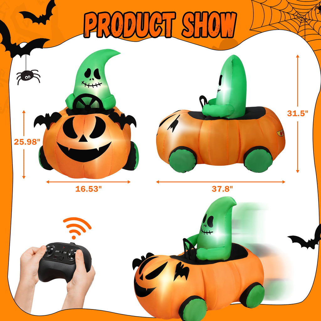 Firstness 2.6ft Halloween Inflatable with Music and Lights,Remote Control Pumpkin Ghost Car,Blow ups Rc Car,Indoor Outdoor,Orange Green