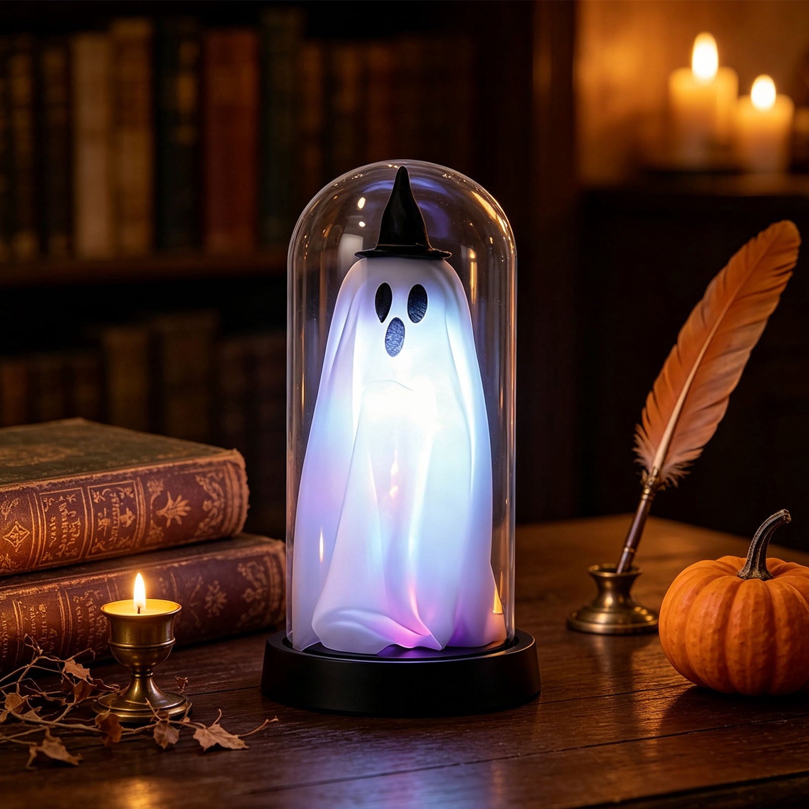 Darzheoy Halloween Decoration Ghost Cloche Lamp, with 3 Mini Figurines, Halloween Ghost Spooky, White Warm Glow, 1 Count