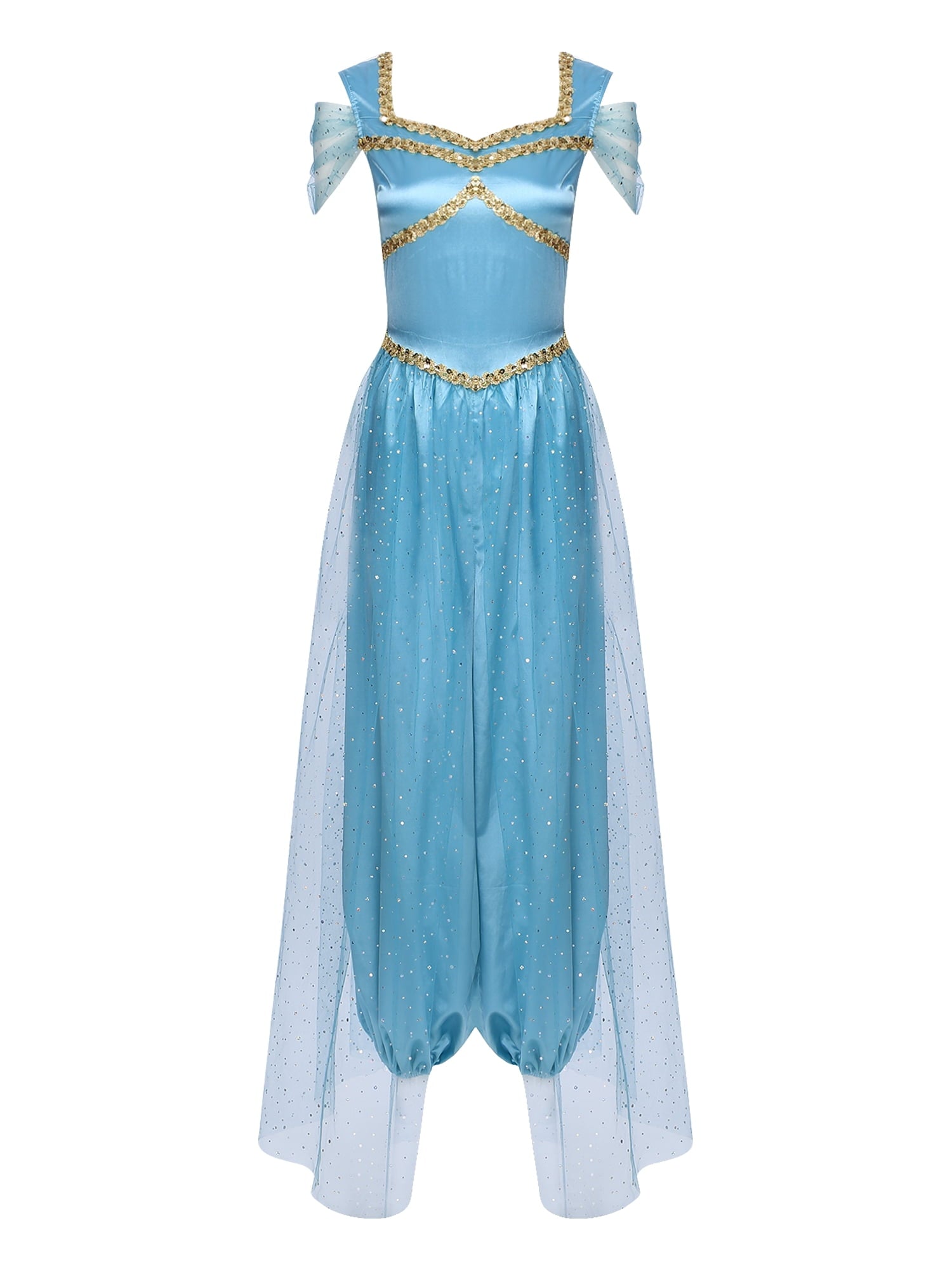 Aislor Women Halloween Arabian Princess Cosplay Costume Sequins Belly Dance Romper Jumpsuit Fancy Dress Lake Blue L