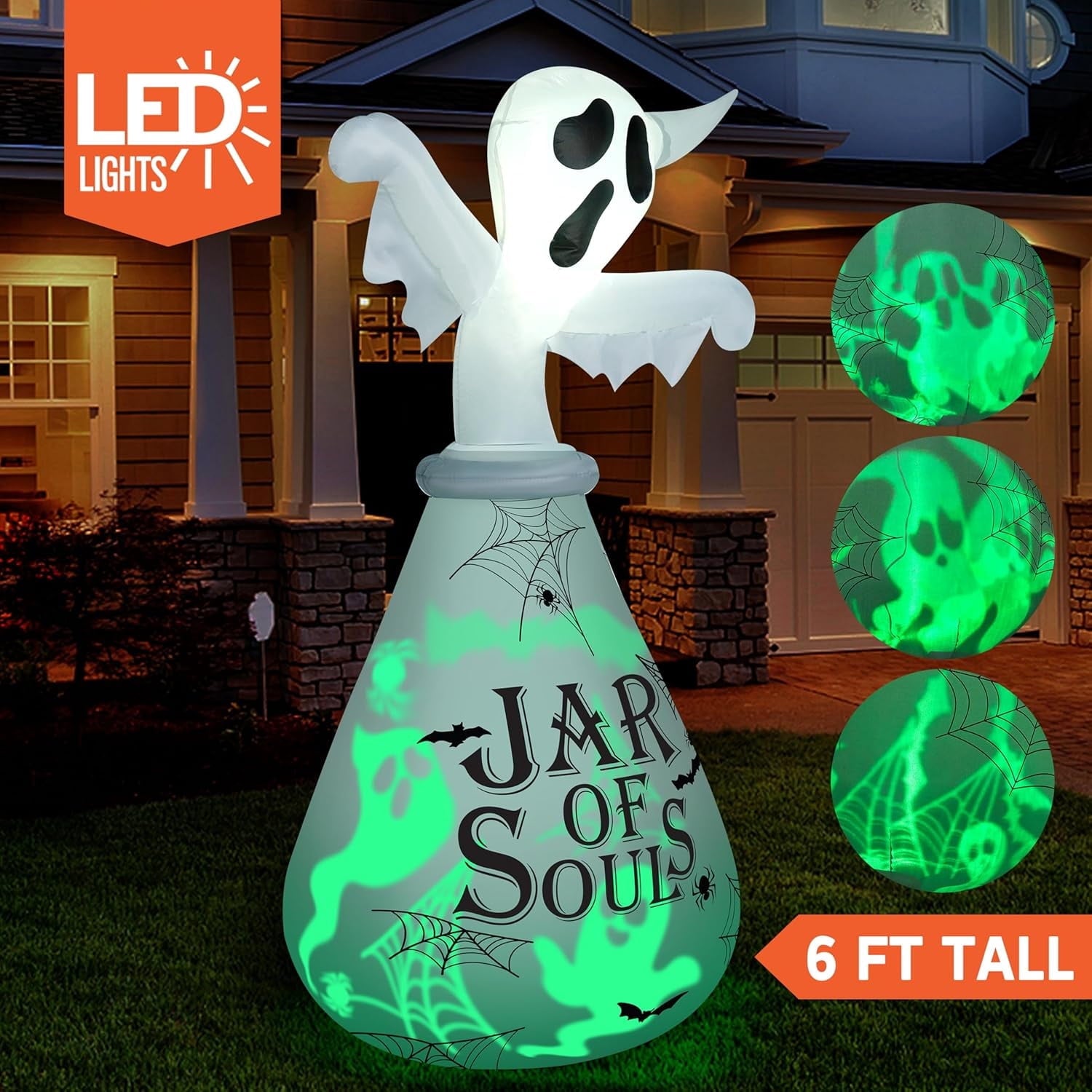 Joyfy 6 ft Halloween Inflatable Witch & Cauldron,Blow Up Decor with Rotating Green Ghost Projection Built-in LEDs,Outdoor Decoration for Party,Yard,Garden