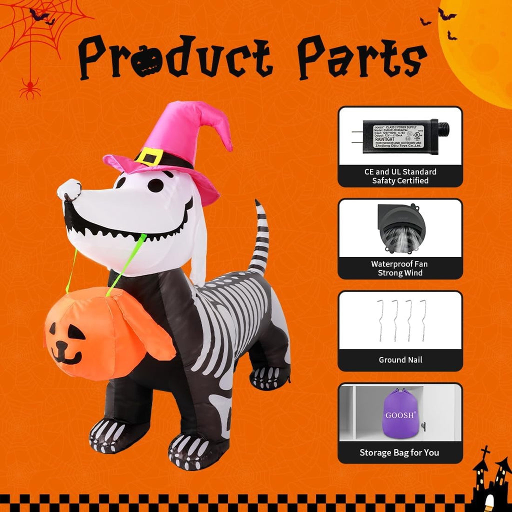 GOOSH Halloween Inflatables 5.7 FT Halloween Skeleton Dog Inflatable, Halloween Skeleton Puppy Inflatable with Build-in LEDs, Outdoor Halloween Decorations Clearance for Halloween Holiday Party