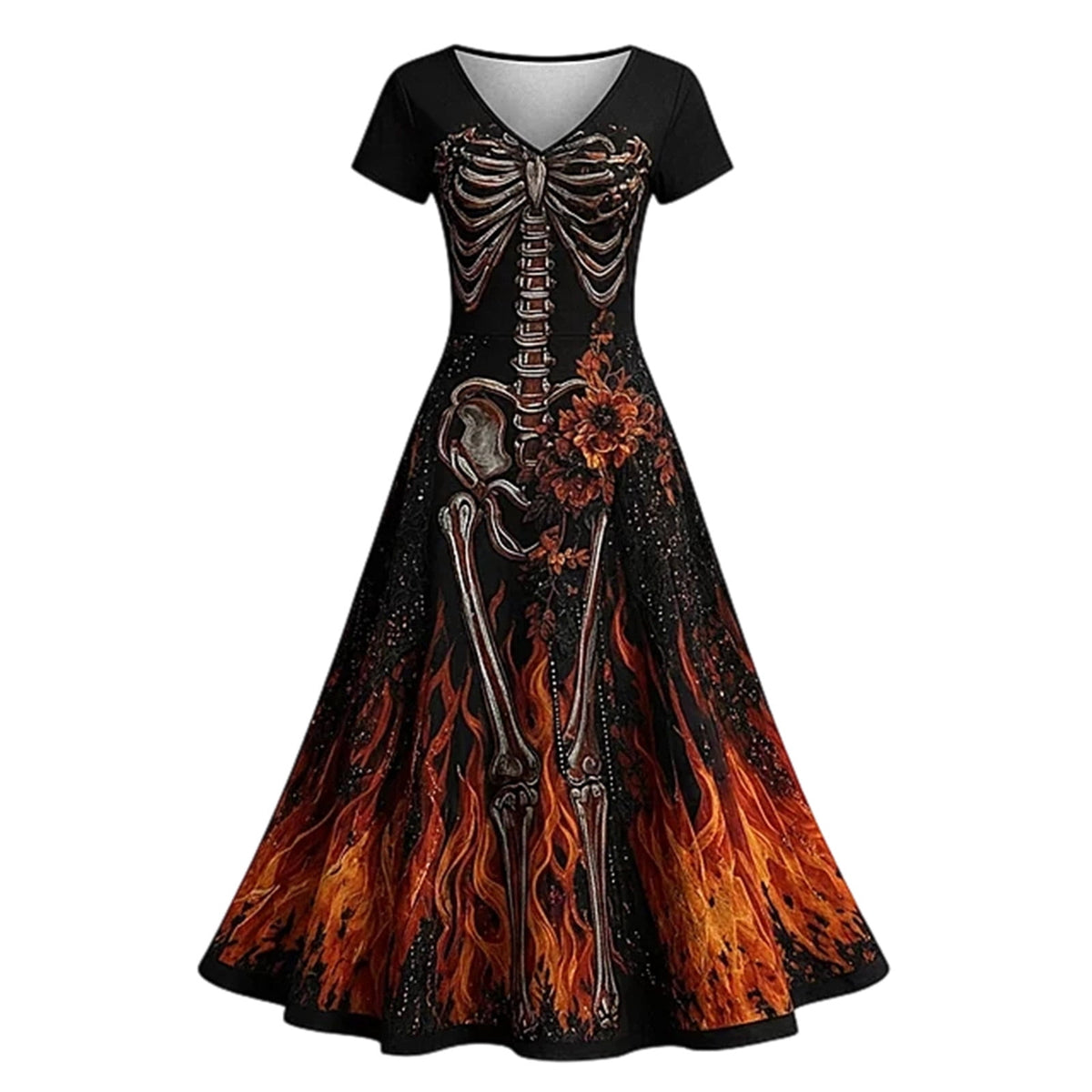 KICILVS Gothic Clothes For Women Black Spiderweb And Spider Print Flowing V Neck Long Maxi Dress Halloween Cosplay Gothic Party Dress