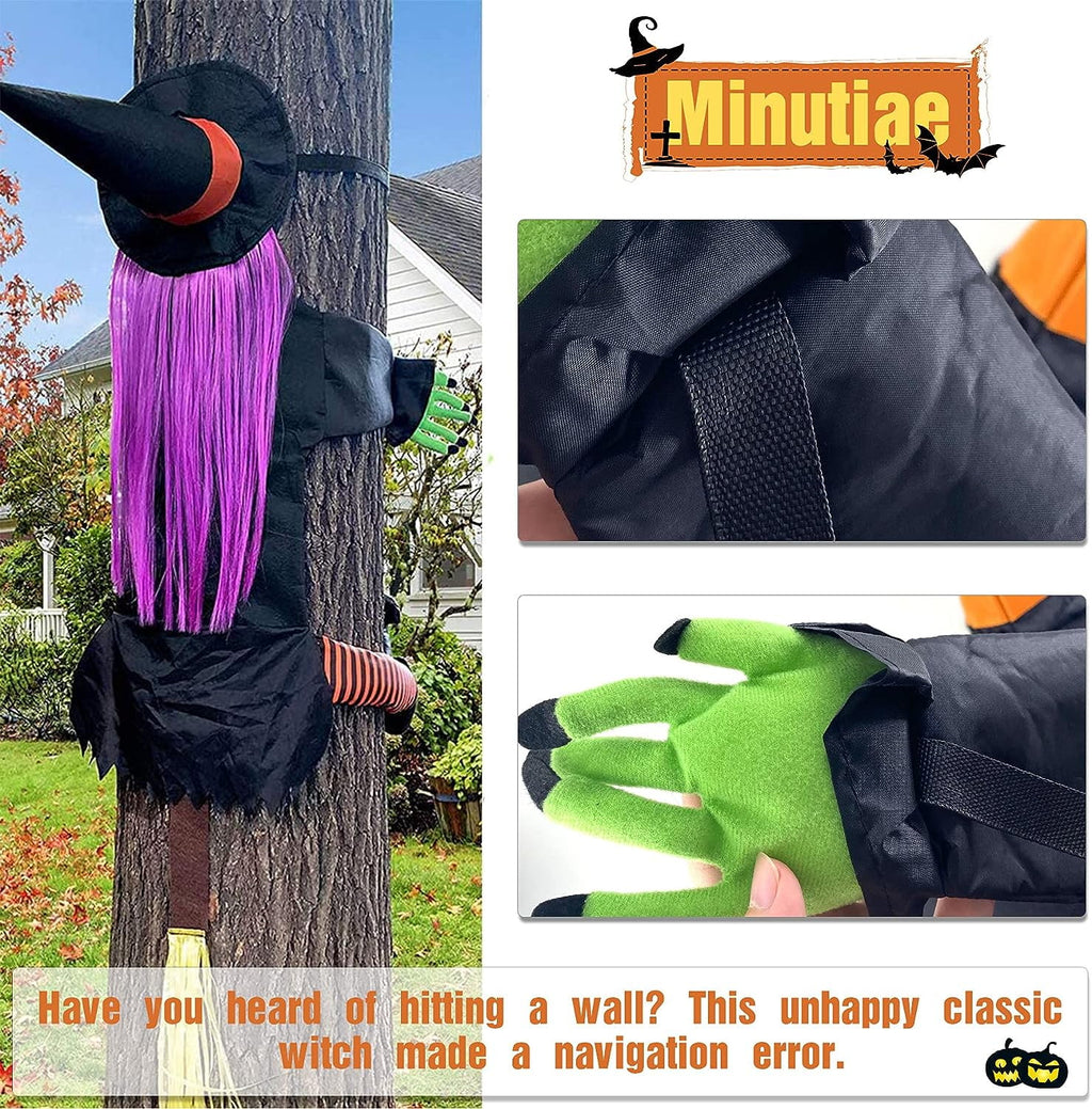 DAKIMOE Halloween Decoration Outdoor Witches Crashing Into Tree with Colorful LED Lights Crashed Witch Props Halloween Hanging Decorations for Indoor House Outdoor Yard Patio Decor 44''x33'' Orange