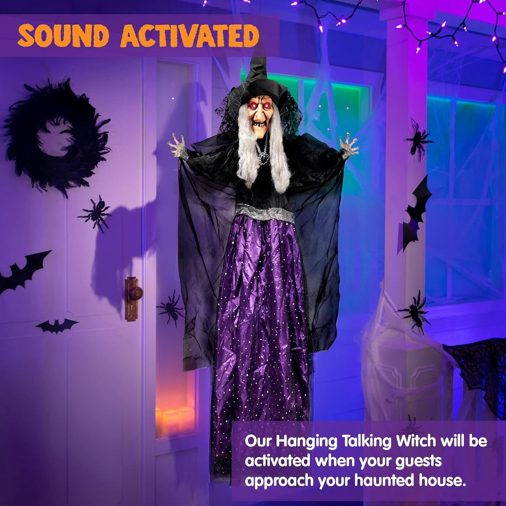 Joyfy 6ft Halloween Witch Decoration,Outdoor Scary Halloween Animatronic Hanging Witch with Light Up Eyes and Sound Decoration for Halloween Outdoor