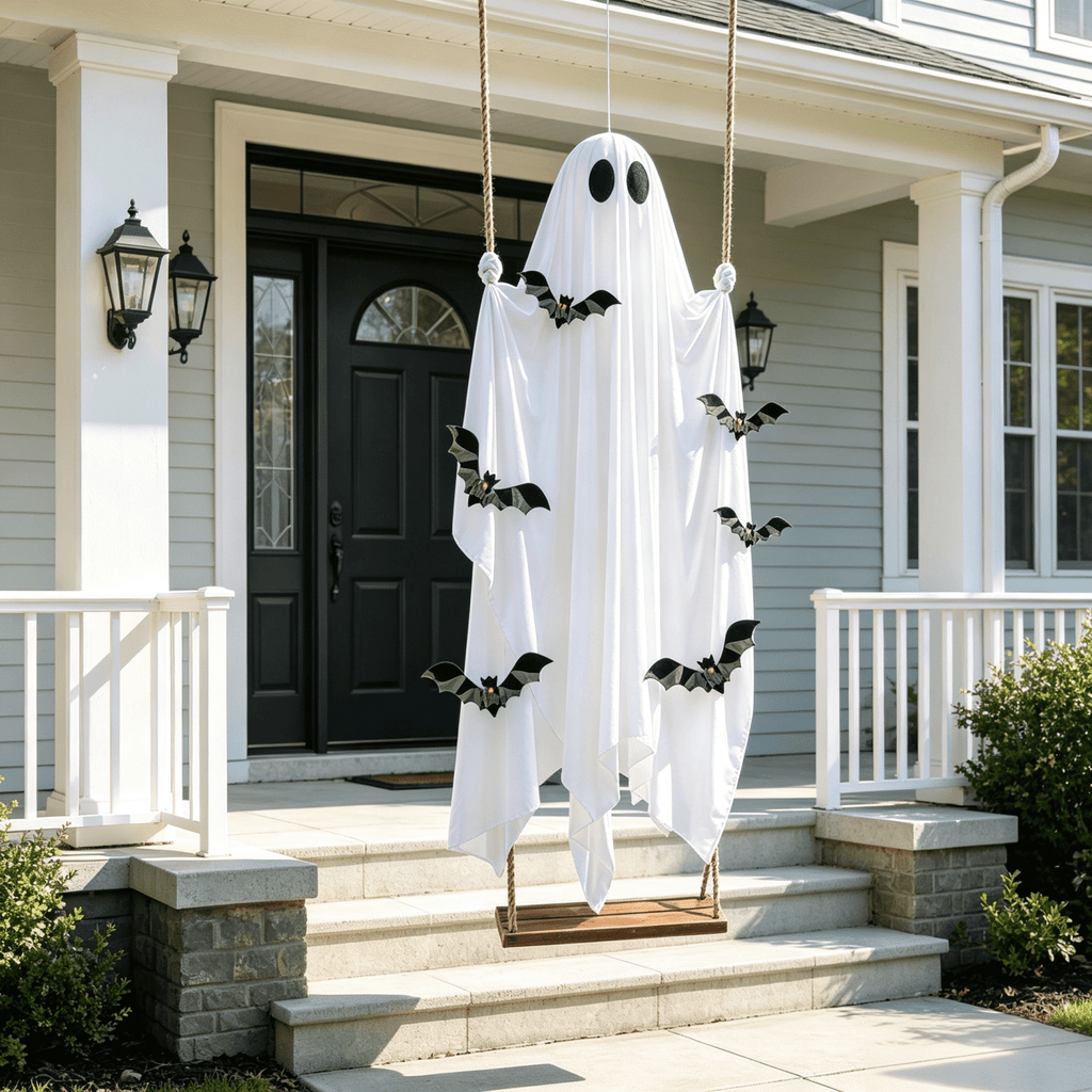 Halloween Decorations Outdoor - 5 FT Large Hanging Swing Ghost Halloween Decor with String Lights, Spooky Cute Ghosts Decorations for Front Porch Yard Tree