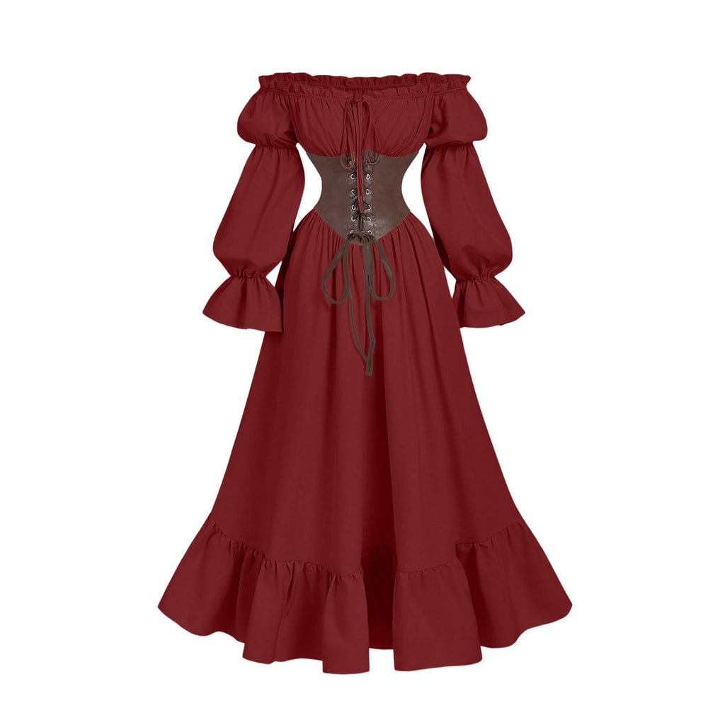 QATAINLAV Renaissance Costume Women Vintage Medieval Dress Cold Shoulder Short Sleeve Peasant Pirate Irish Maxi Dresses, Black, L