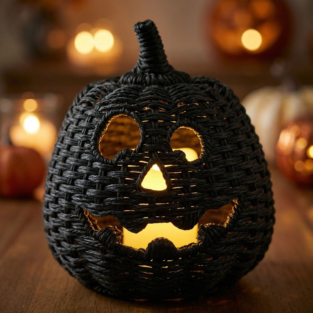 2026 Halloween Black Woven Seagrass Pumpkin Storage Basket with Lid, Fall Indoor Home Decorations for Halloween Party Home Halloween Decor, 10.2 inch