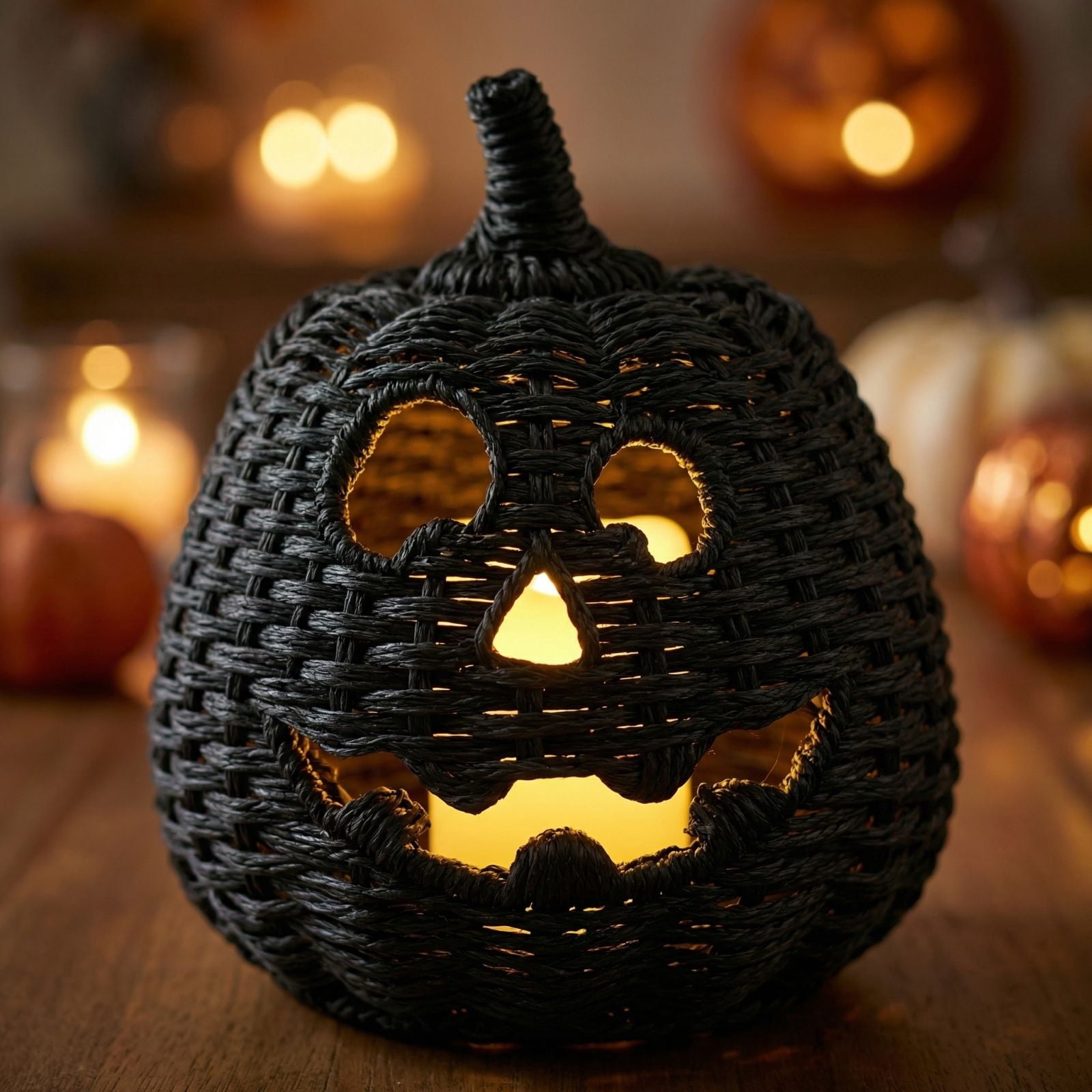 2026 Halloween Black Woven Seagrass Pumpkin Storage Basket with Lid, Fall Indoor Home Decorations for Halloween Party Home Halloween Decor, 10.2 inch