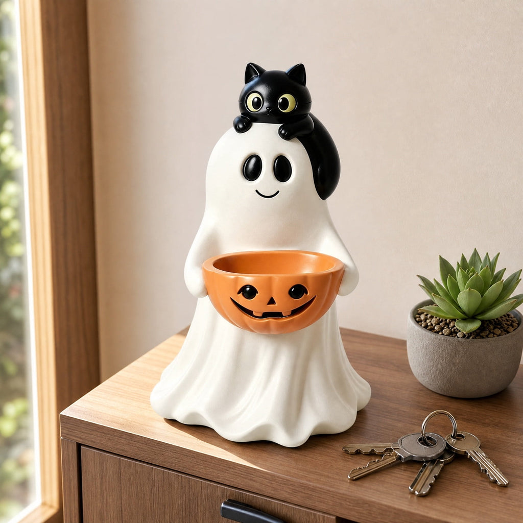 Clearance Halloween Ghost Resin Figurine with Black Cat & Pumpkin Candy Bowl 10“- Cute Spooky Tabletop Decor for Home Mantel, Shelf, and Indoor Fall Display