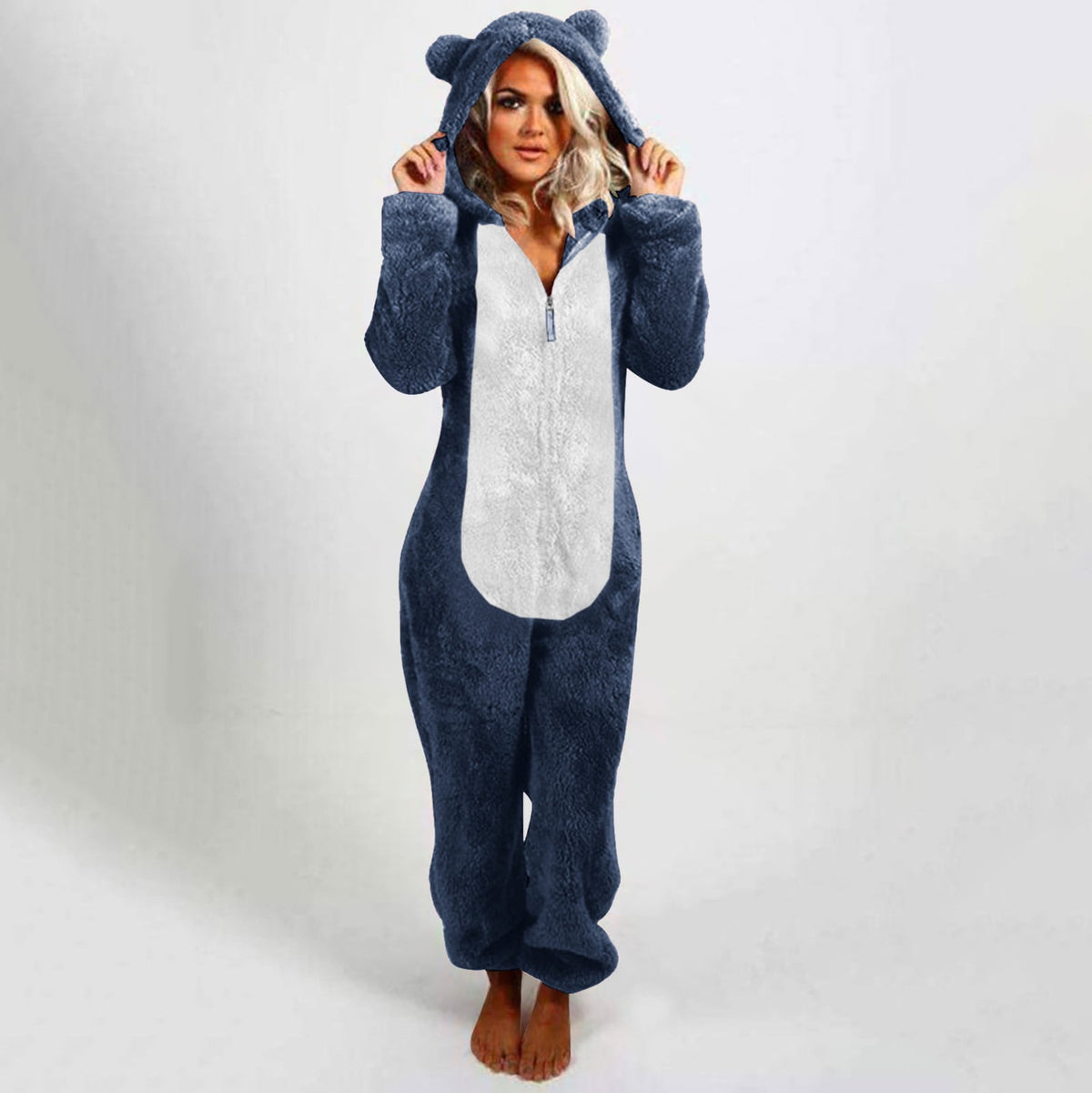 QATAINLAV Sherpa Fleece Jumpsuit for Women Winter Warm Fuzzy Onesie Pajamas Cute Cat Hooded Romper Casual Zip Up Overalls Sleepwear Black XL