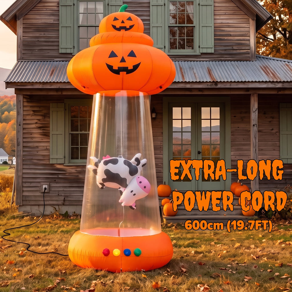 BSHAPPLUS® 9 FT Halloween Pumpkin UFO Inflatable,Walk-in Inflatable Yard Decor with Levitating Cow,Built-in LED Lights,Outdoor Blow up Decor for Lawn Garden Party,19.7ft Extra-Long Power Cord