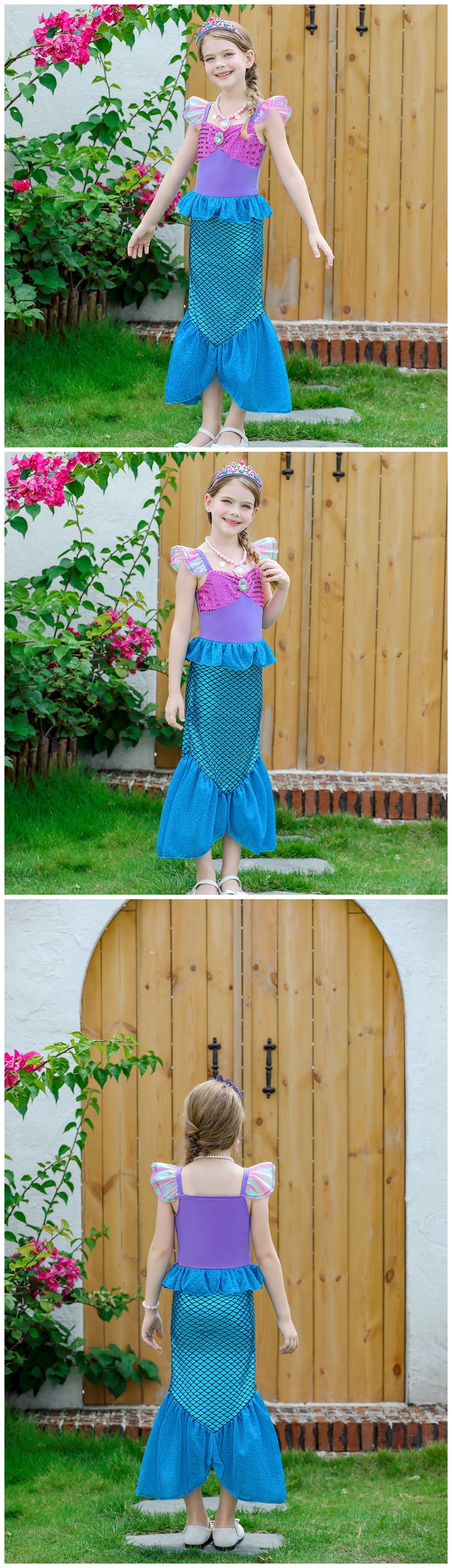 Princess Mermaid Costume for Girls Ariel Dress up Kids Cosplay Outfit with Accessories 2-10Years