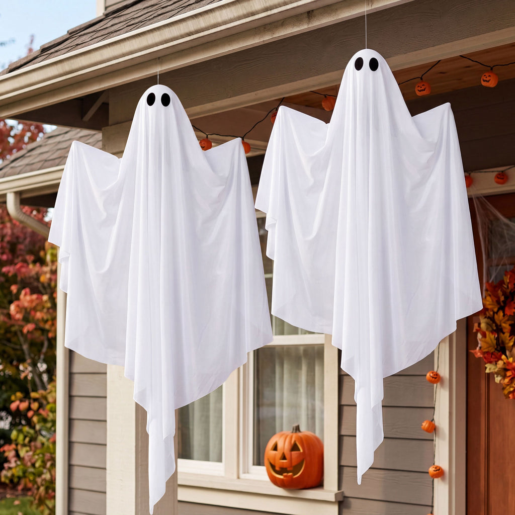 Joyfy 47inch Halloween Decorations Outdoor Hanging Ghost,Light up White Ghosts with Spooky Warm White LED Light,Halloween Outdoor Yard Porch Decorations,Haunted House Decorations