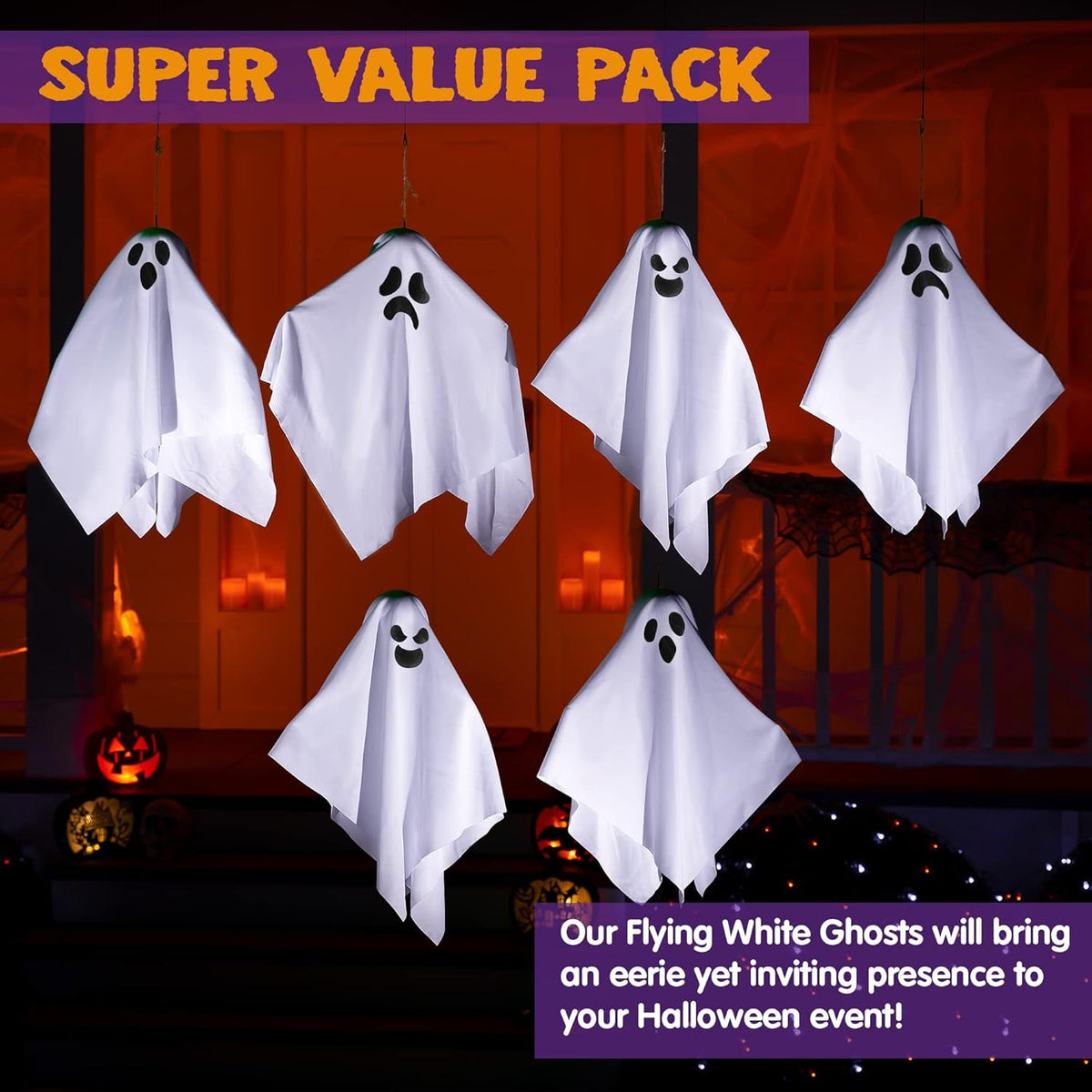 Joyfy 3 Pack Halloween Hanging Ghosts Decorations,27.5" Cute Scary Flying Ghosts Outdoor Hanging Halloween Decorations Yard Decorations