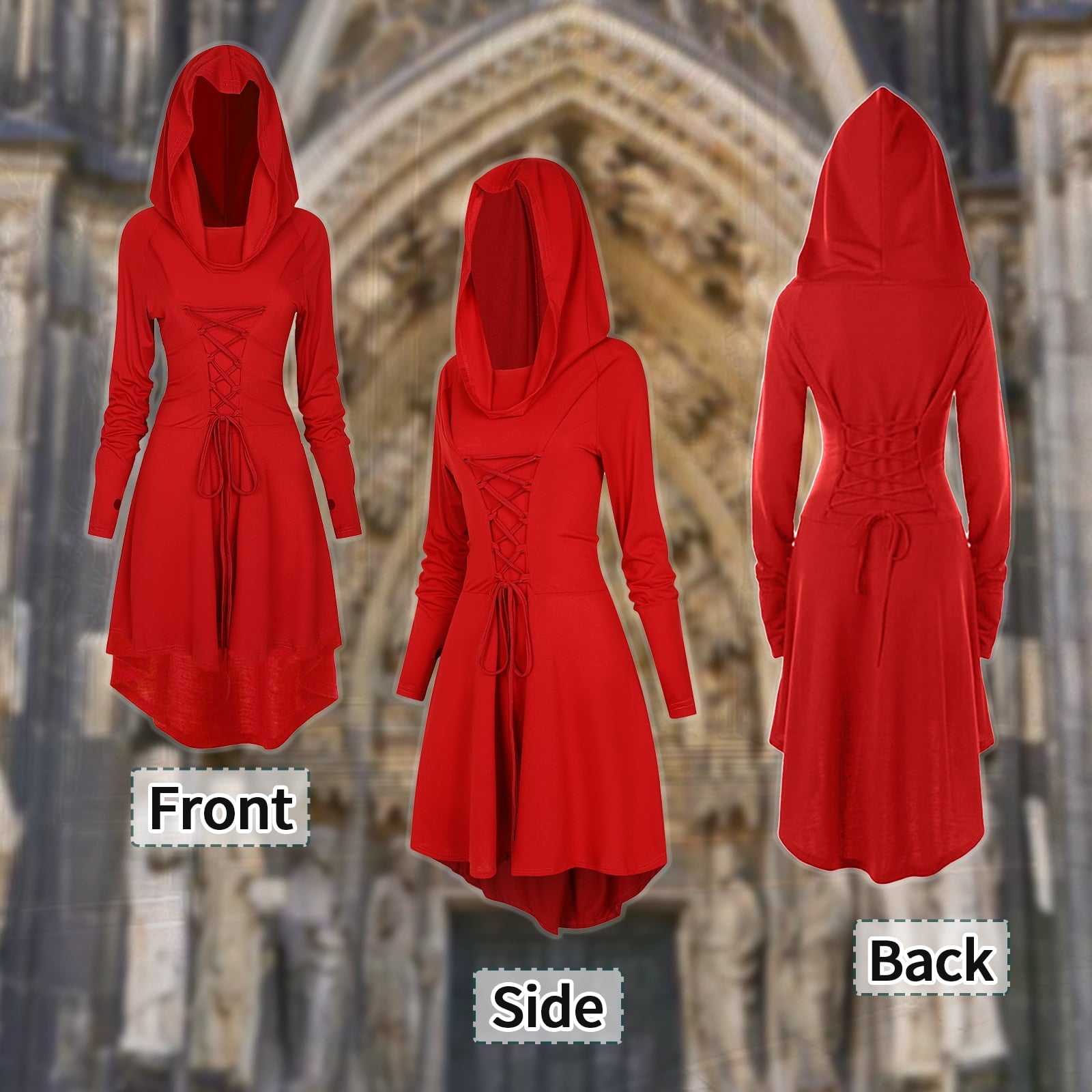 WASFDN Womens Renaissance Costumes Hooded Robe Lace Up Renaissance Dress Women Halloween Vintage Medieval Cloak(Green,L)