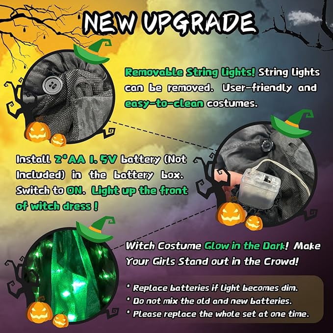 Girls Witch Halloween Costumes, Light Up Halloween Witch Dress with Broom and Hat for Kids Cosplay Party 5-7 Years